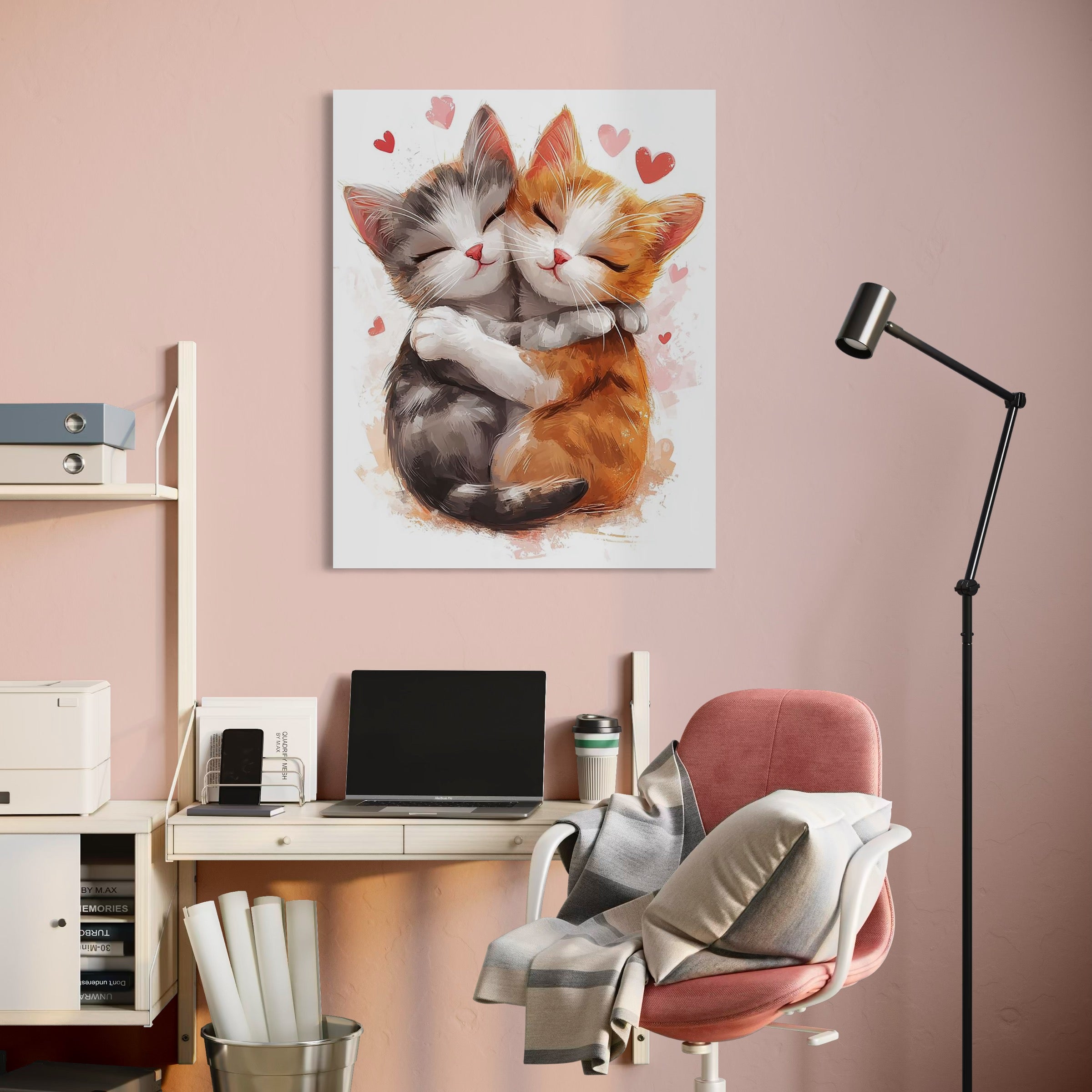 tablou canvas cu doua pisicute imbratisate, pe un fundal alb cu inimioare roz si rosii