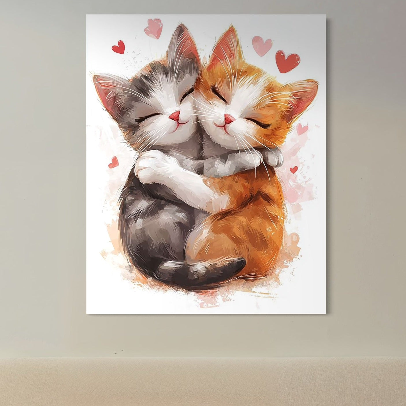 tablou canvas cu doua pisicute imbratisate, pe un fundal alb cu inimioare roz si rosii