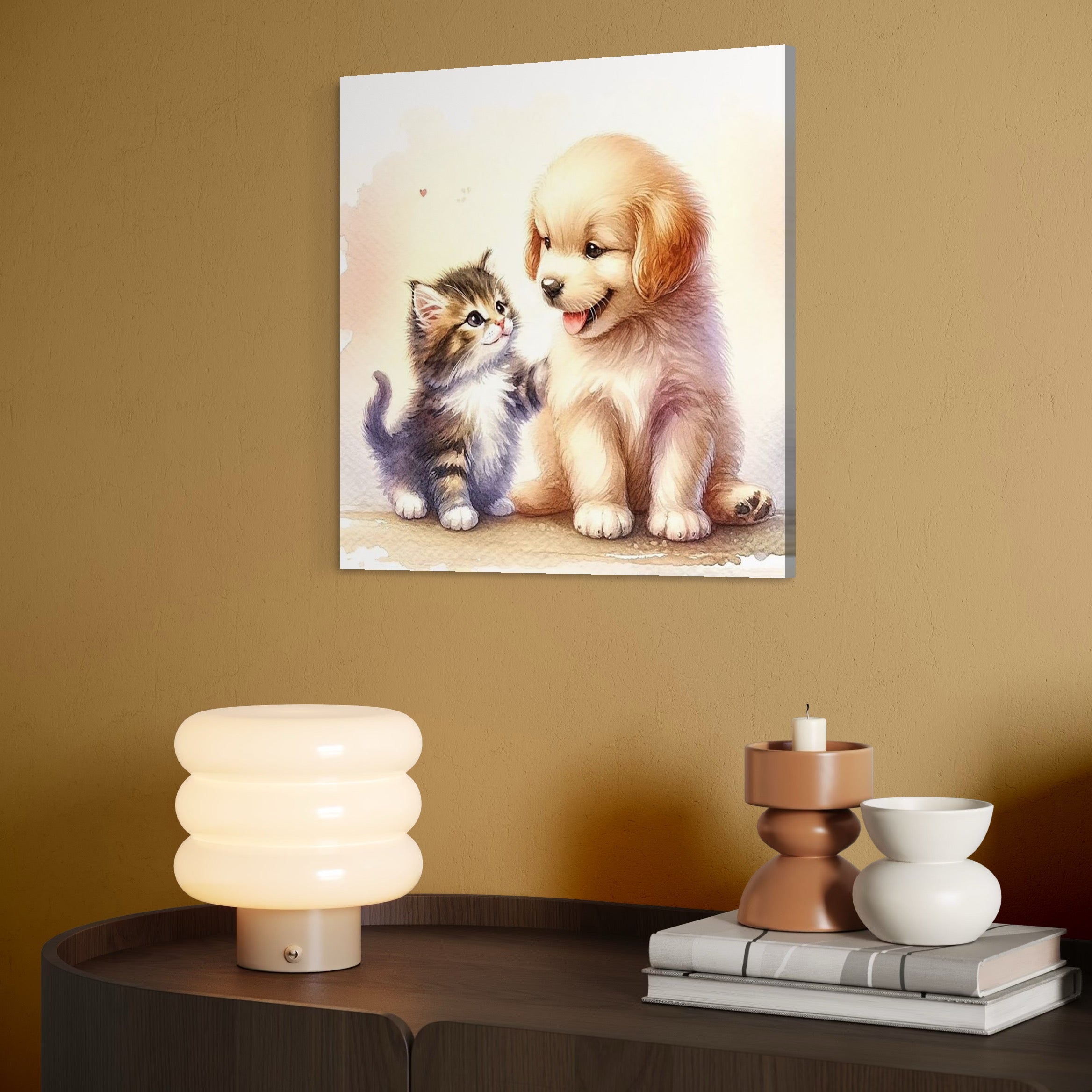 tablou canvas cu un catelus si o pisicuta, pictati pe un fundal alb