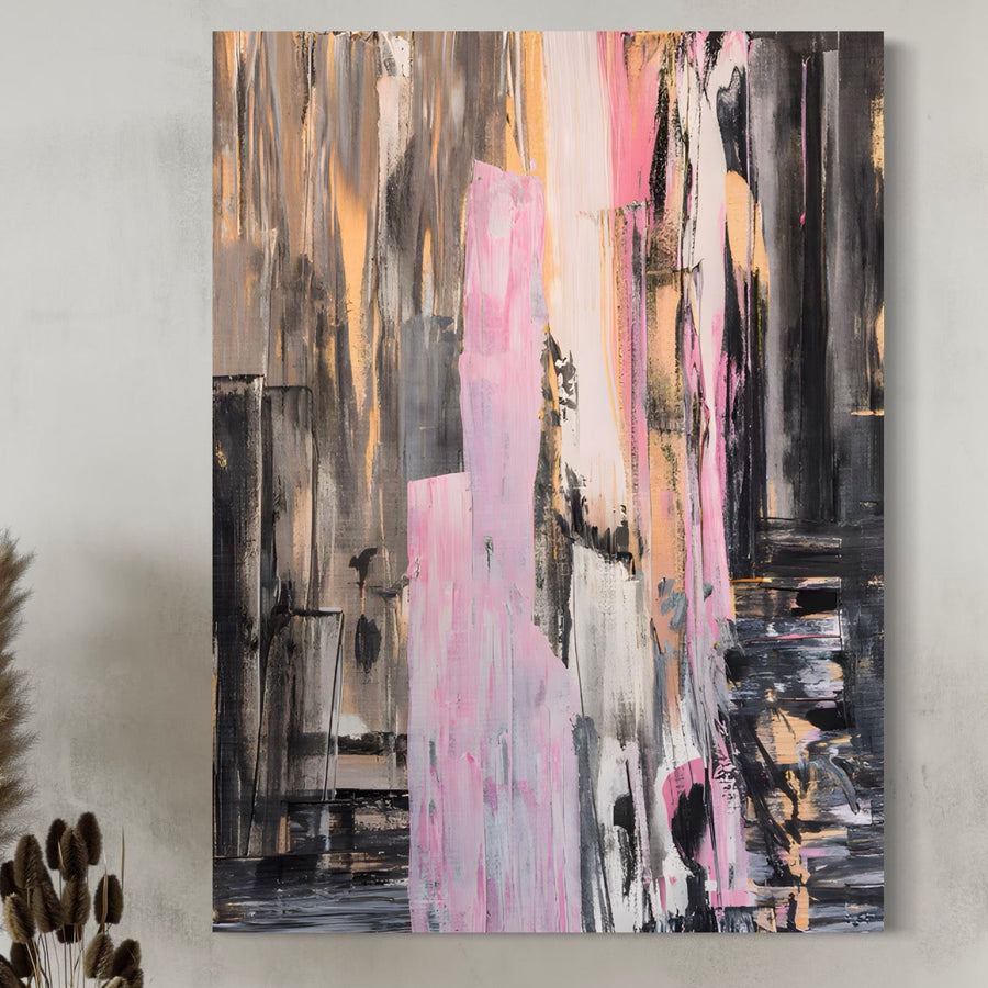 Tablou Canvas Premium LuxCanva® A1596, Roz Liniar: abstract, roz vibrant, negru, alb și auriu pe pânză bumbac. Ideal pentru dormitor sau living, acest decor modern aduce contrast și eleganță interioarelor tale.