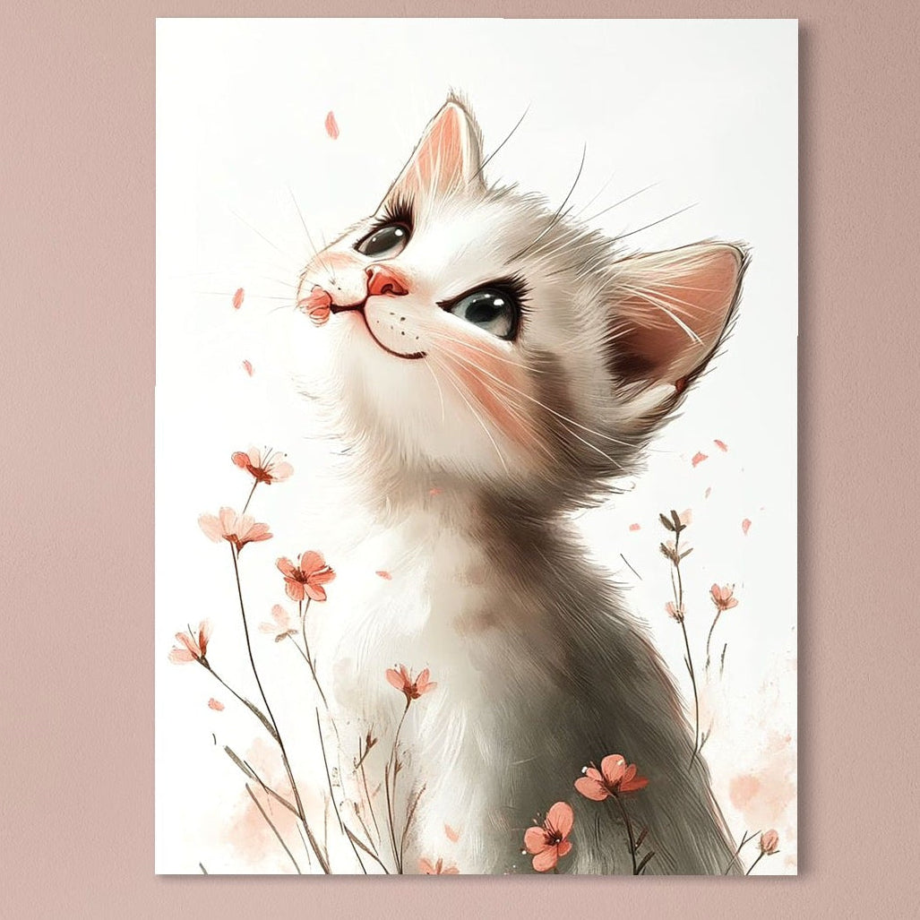 tablou canvas cu o pisicuta visatoare, intr-un camp cu floricele pe fundal alb