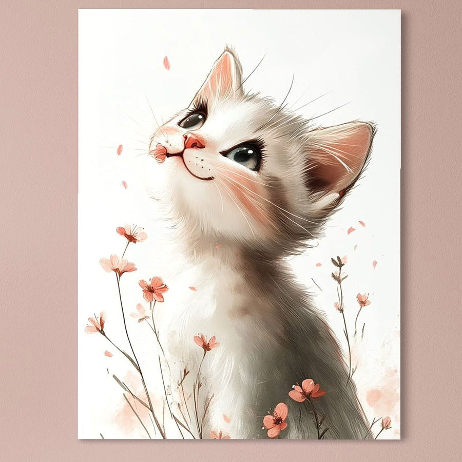 Adăugați o notă fermecătoare oricărui spațiu cu LuxCanva® Tablou Canvas Premium K1058 "Alint de Primavara" - o operă de artă pastel cu un pisoi alb drăguț, flori roz și detalii delicate, perfectă pentru camerele copiilor sau dormitoare.