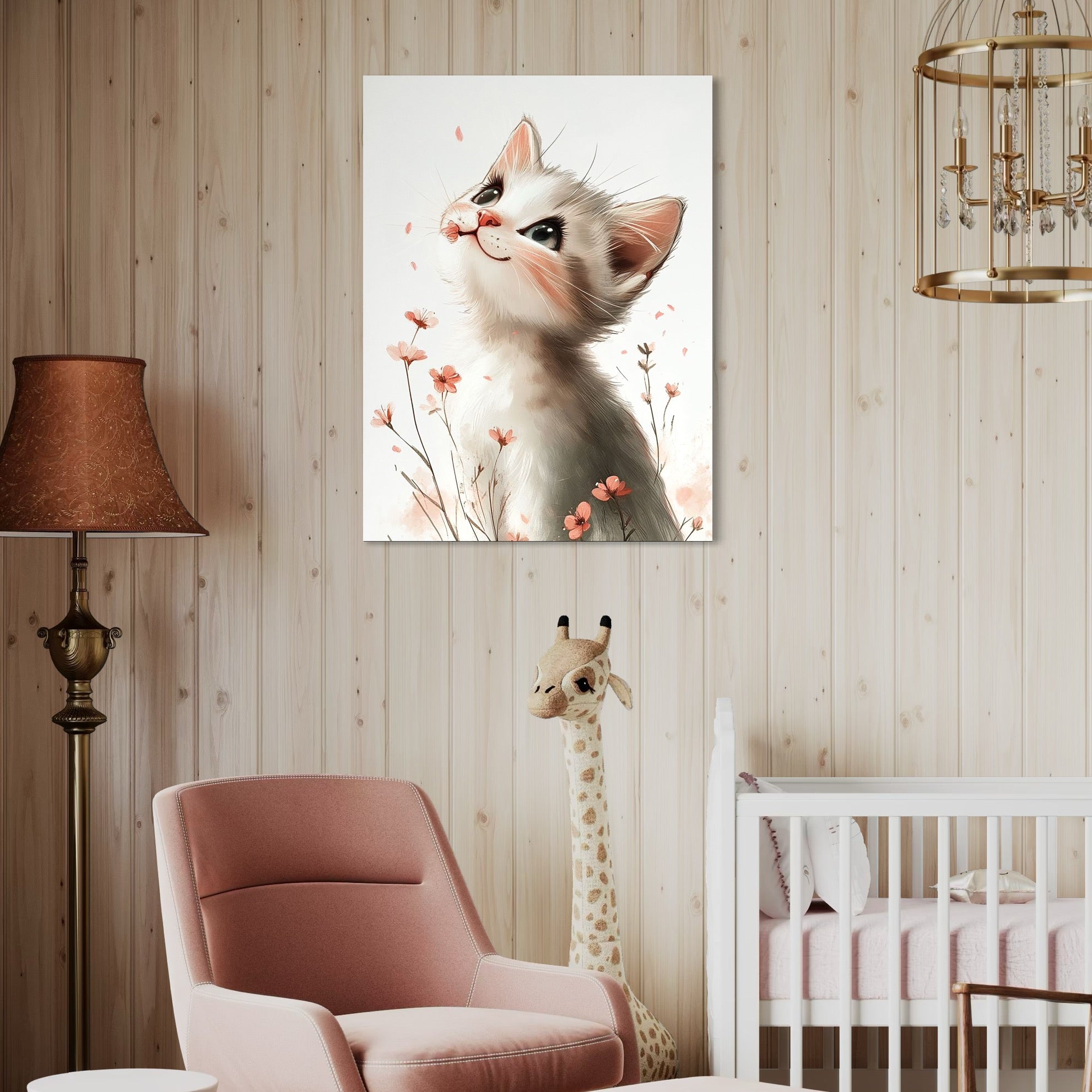 tablou canvas cu o pisicuta visatoare, intr-un camp cu floricele pe fundal alb