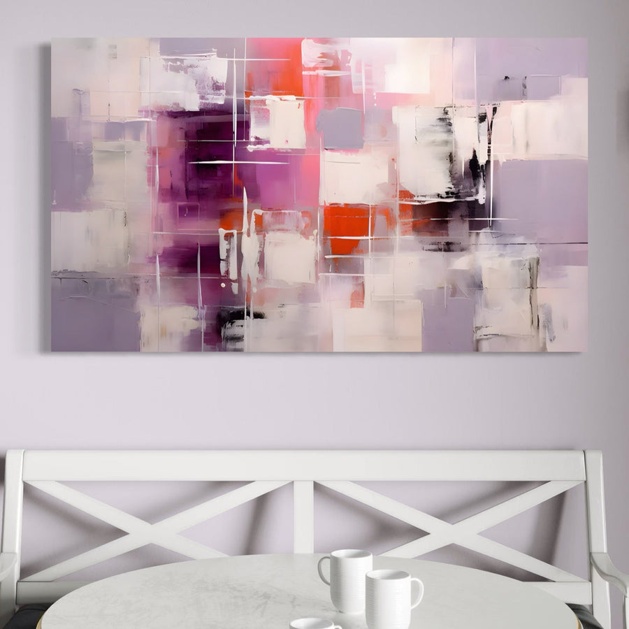 Tablou Canvas Premium LuxCanva® LuxCanva® A1599, cu forme geometrice vibrante în violet, roz, roșu, alb și negru, adaugă energie vizuală spațiului tău. Realizat pe panza de bumbac pentru un finisaj premium cu calitate de imprimare.