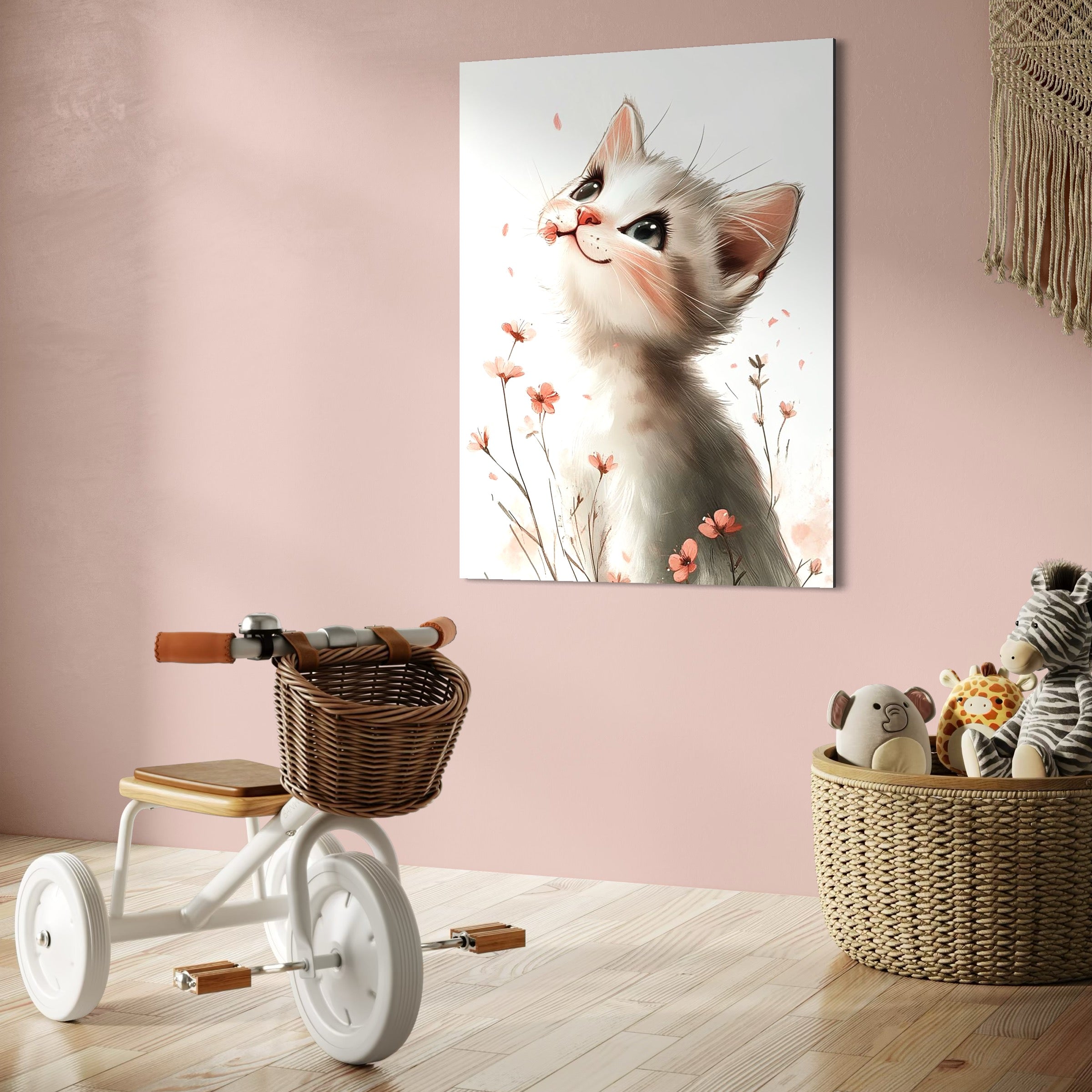 tablou canvas cu o pisicuta visatoare, intr-un camp cu floricele pe fundal alb