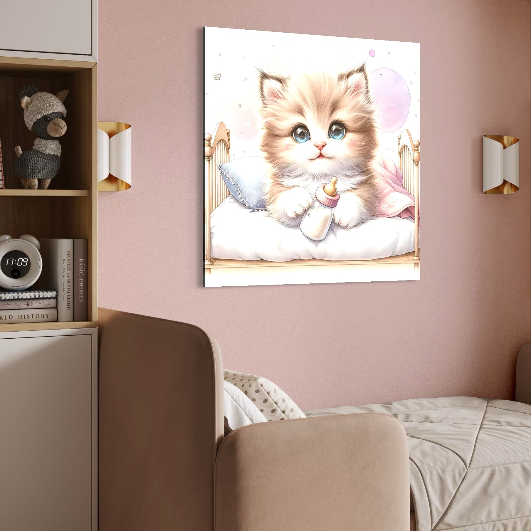 tablou canvas cu un pui de pisica intr-un patut de bebelus, cu un biberon pe fundal abstract in culori deschise