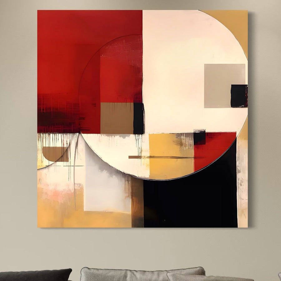 Tablou Canvas Premium LuxCanva® A1601, Stare Abstracta, decorativ cu formă geometrică îndrăznețe în roșu, alb, bej, negru și auriu decorează livingul deasupra unei canapele gri deschise cu perne bej și negre.