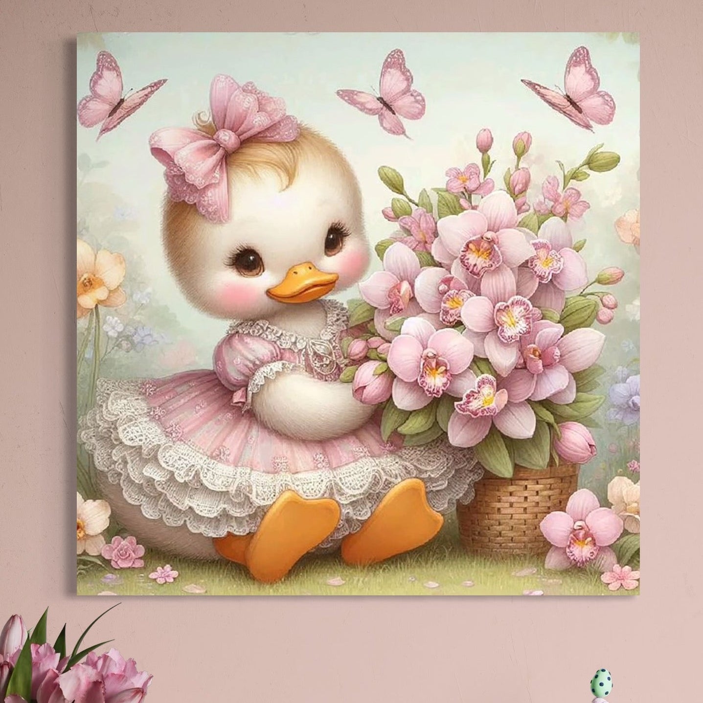 tablou canvas cu o ratusca cu rochita si o fundita roz, langa o orhidee intr-o gradina cu fluturi 