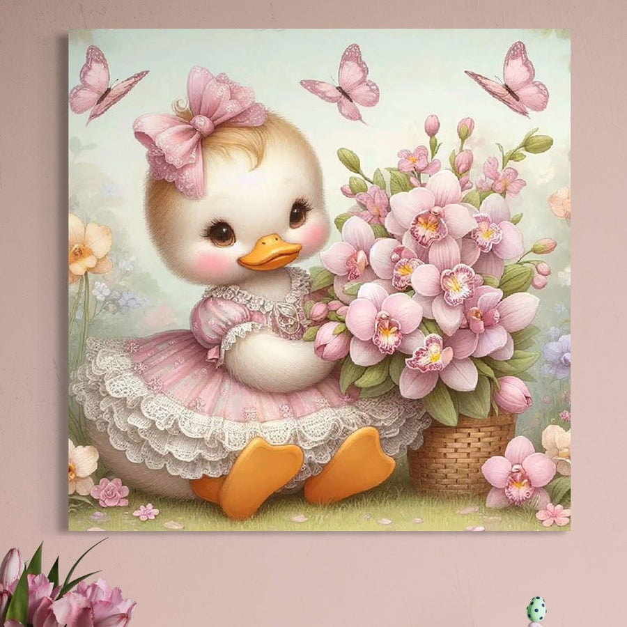 Tablou Canvas Premium LuxCanva® K1060 - o rățușcă adorabilă în rochie roz, flori, orhidee și fluturi într-un decor pastelat, perfect pentru camera copilului sau dormitor. Ideal ca decor de la LuxCanva® - Magazin tablouri canvas.