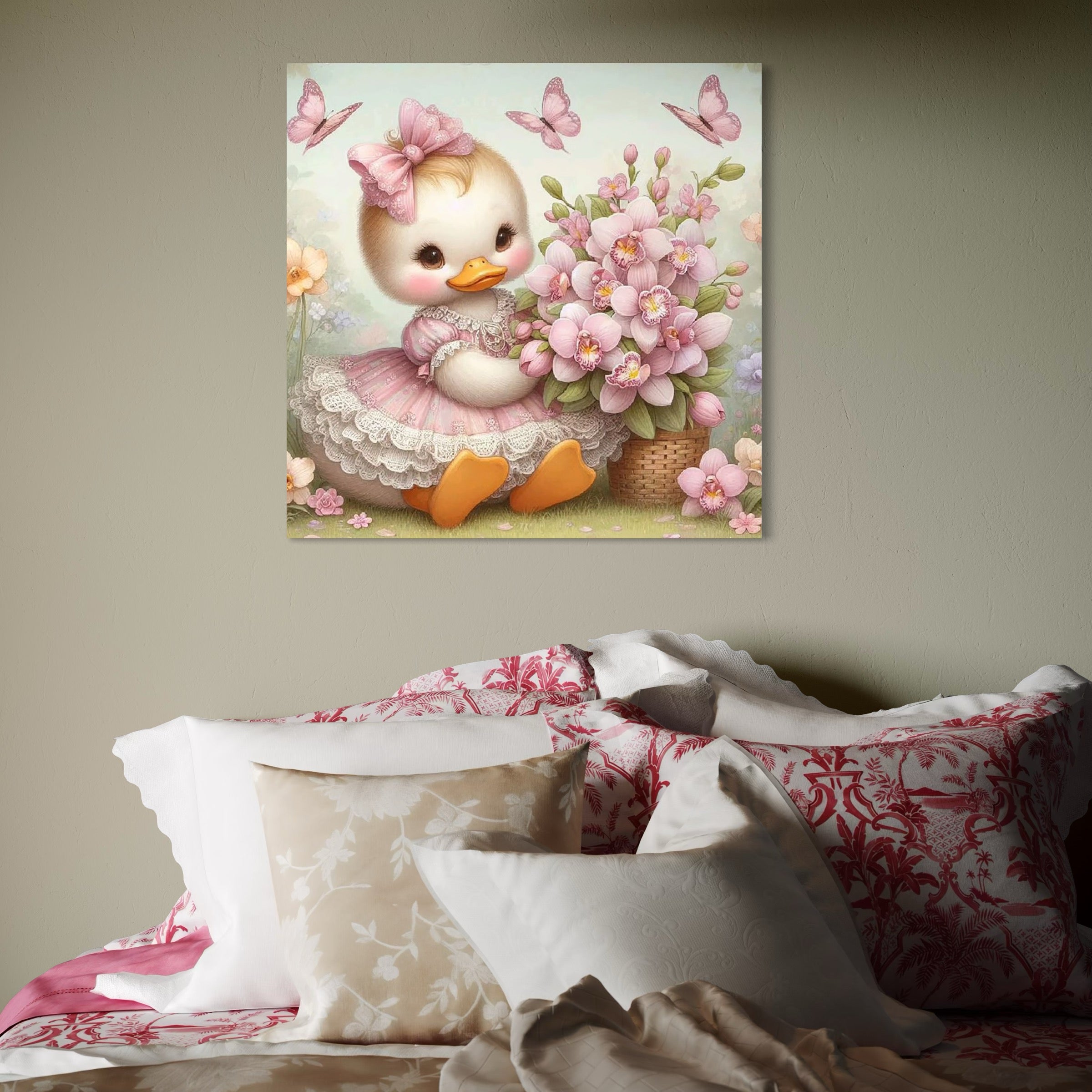 tablou canvas cu o ratusca cu rochita si o fundita roz, langa o orhidee intr-o gradina cu fluturi 