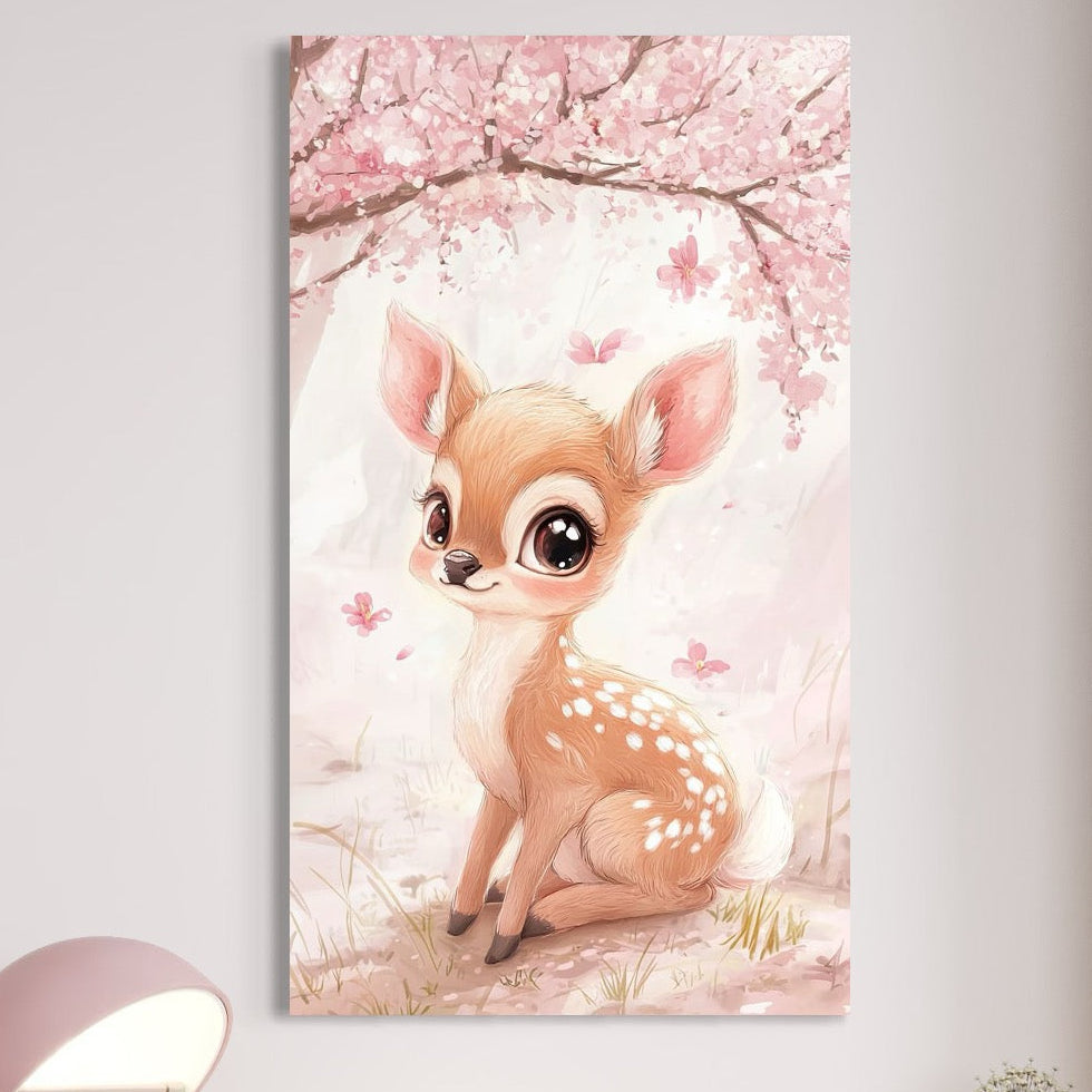 tablou canvas cu o caprioara dragalasa, sub un copac cu flori roz de ciresc intr-o padure cu fluturi, redata in nuante pastelate