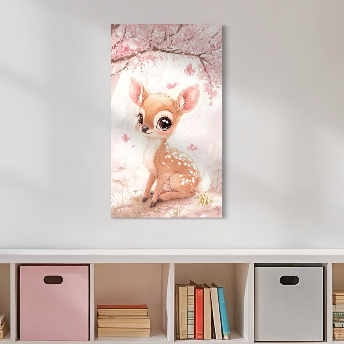 tablou canvas cu o caprioara dragalasa, sub un copac cu flori roz de ciresc intr-o padure cu fluturi, redata in nuante pastelate