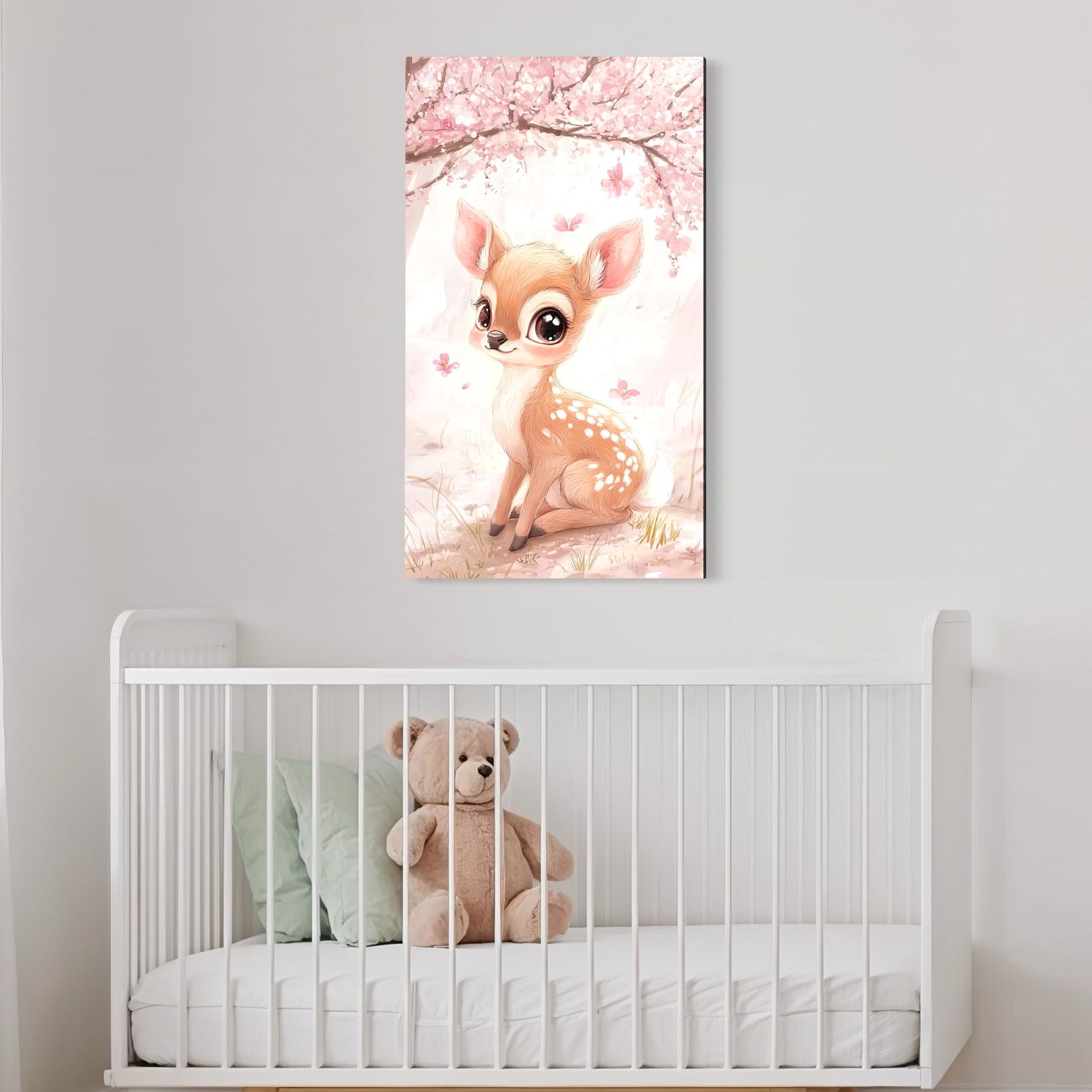 tablou canvas cu o caprioara dragalasa, sub un copac cu flori roz de ciresc intr-o padure cu fluturi, redata in nuante pastelate