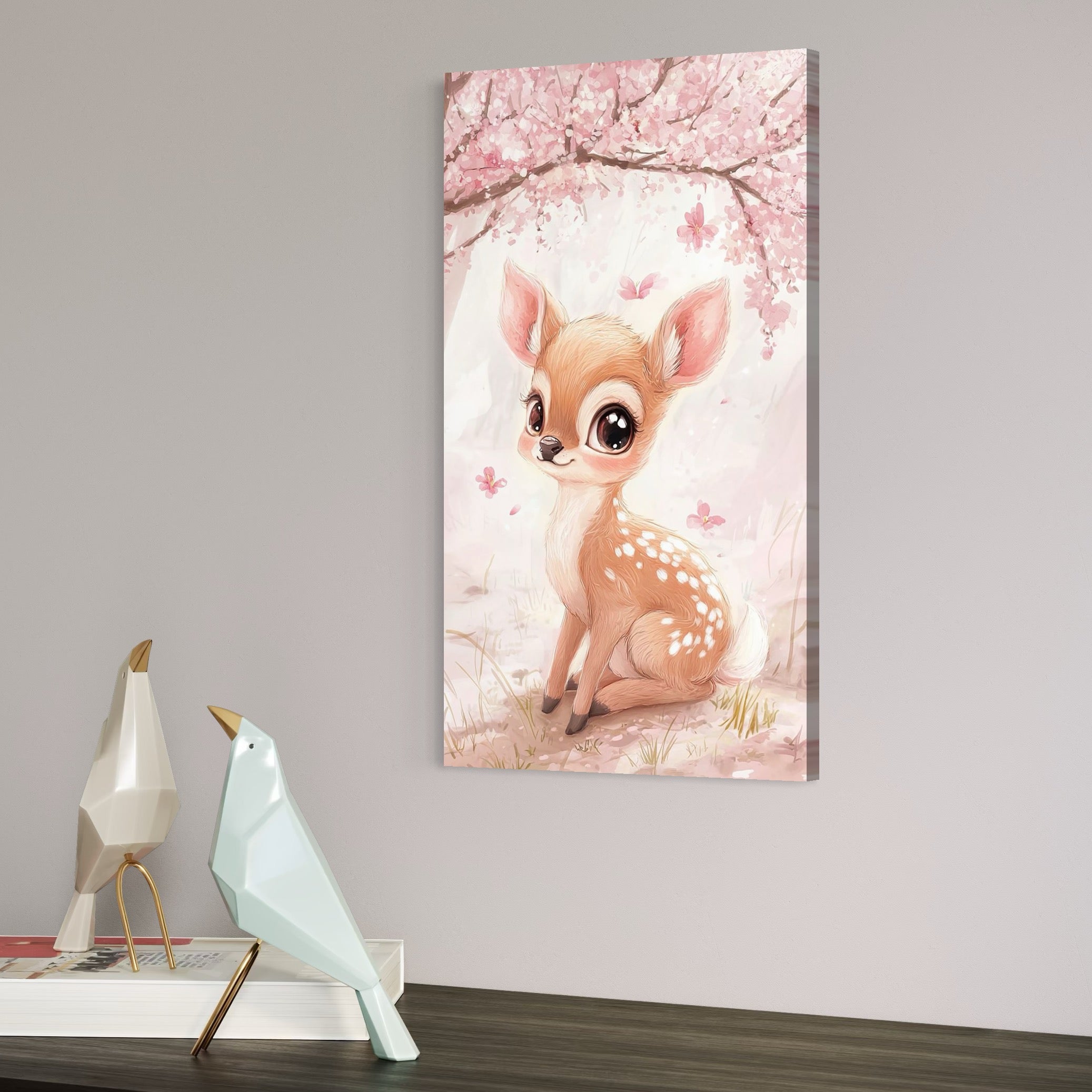 tablou canvas cu o caprioara dragalasa, sub un copac cu flori roz de ciresc intr-o padure cu fluturi, redata in nuante pastelate