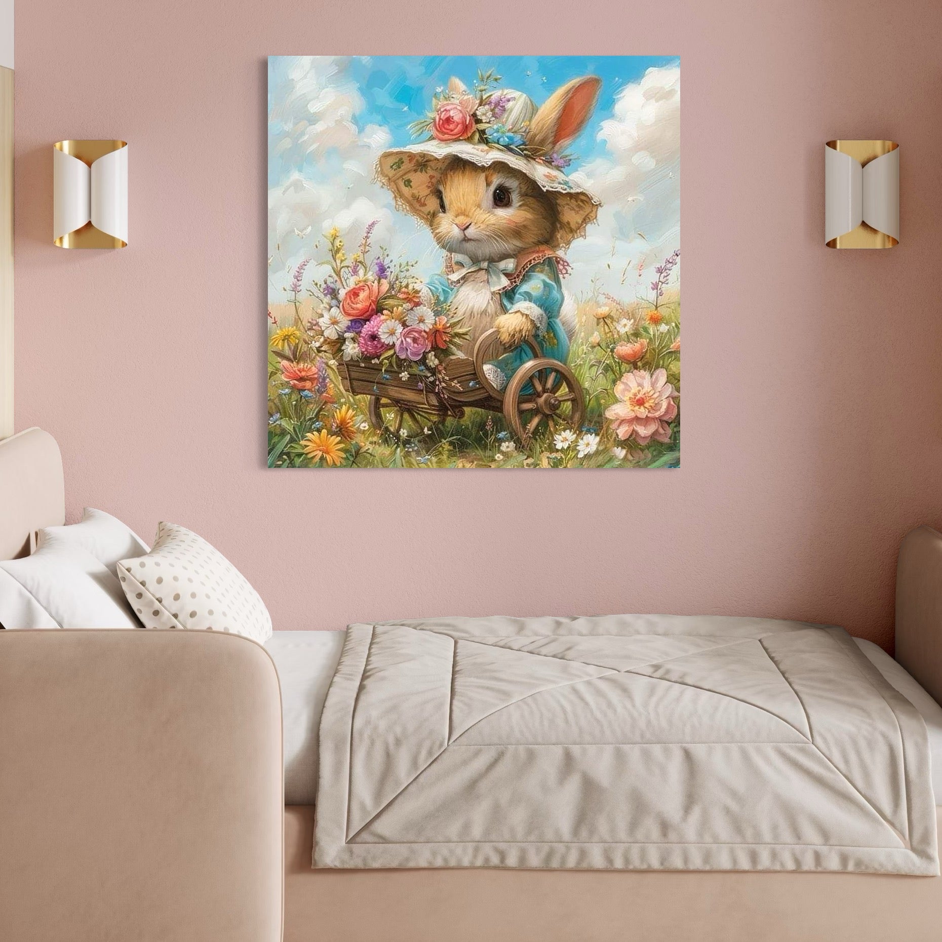 tablou canvas cu un iepuras cu rochita si palarie, plimband un carut de lemn, pe un camp cu flori