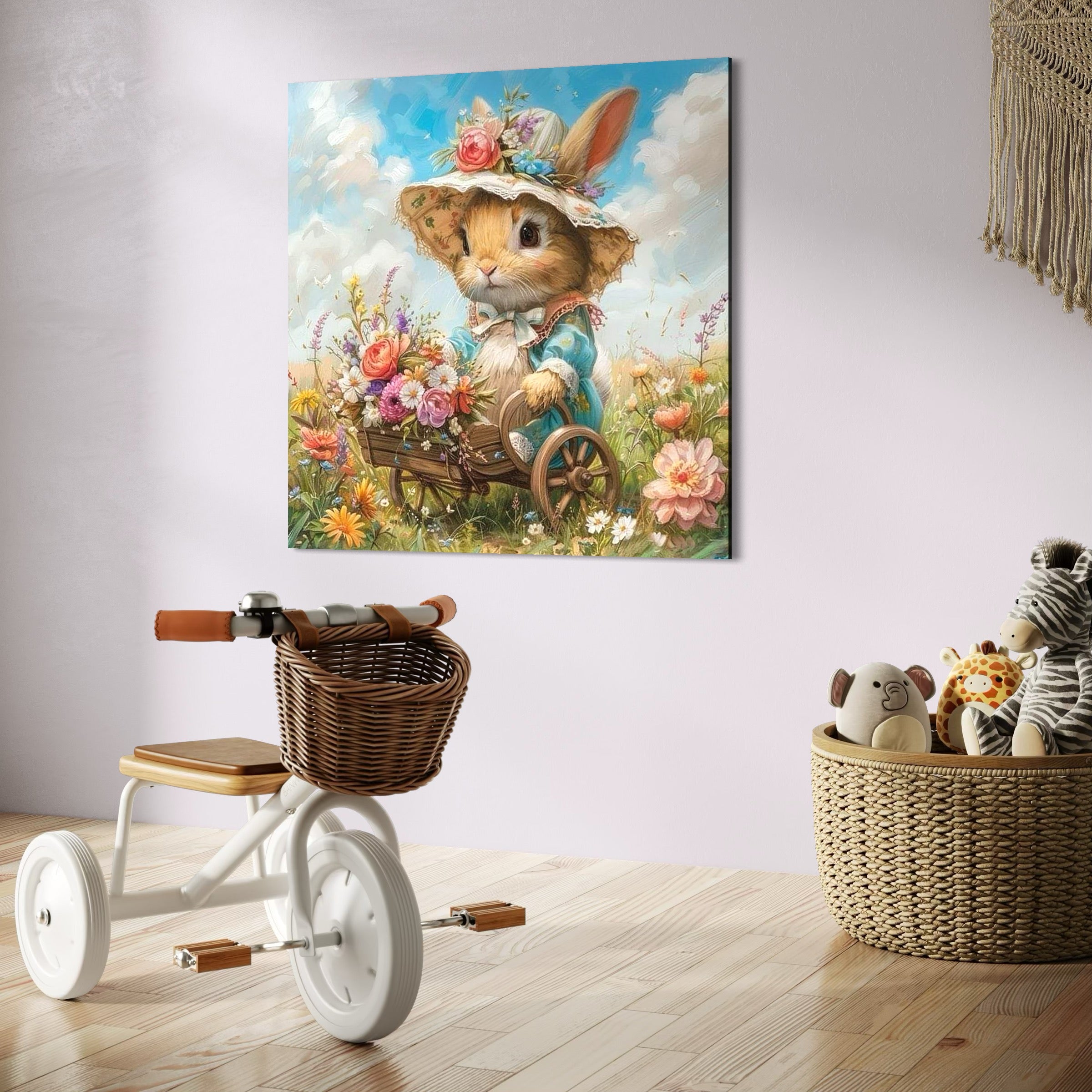 tablou canvas cu un iepuras cu rochita si palarie, plimband un carut de lemn, pe un camp cu flori