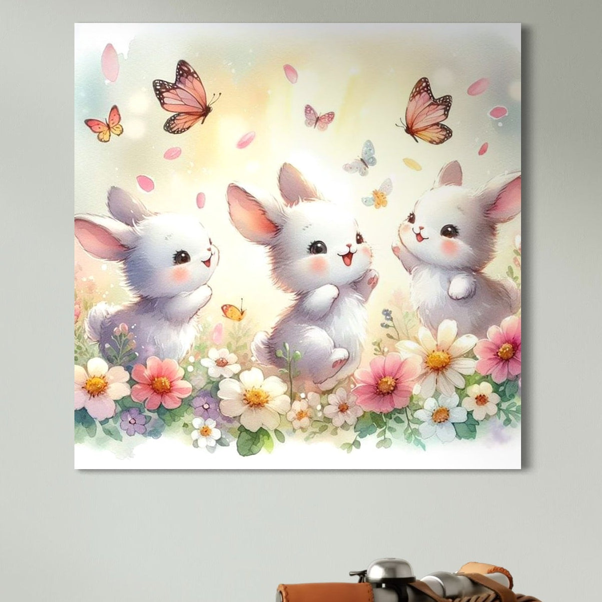 tablou canvas cu trei iepurasi jucandu-se printre flori colorate, pe fundal luminos cu fluturi si petale