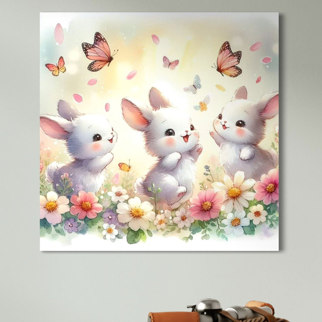 tablou canvas cu trei iepurasi jucandu-se printre flori colorate, pe fundal luminos cu fluturi si petale
