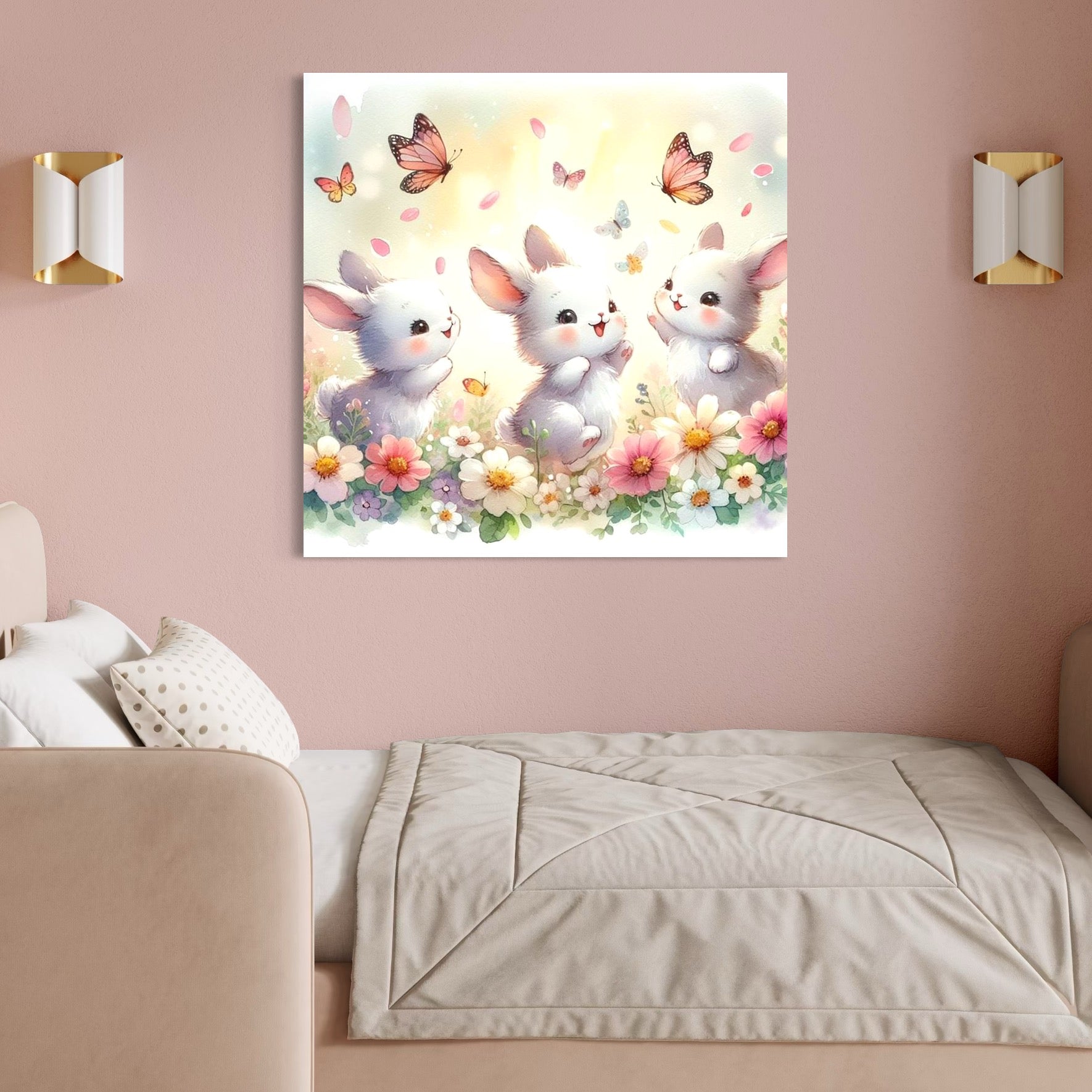 tablou canvas cu trei iepurasi jucandu-se printre flori colorate, pe fundal luminos cu fluturi si petale