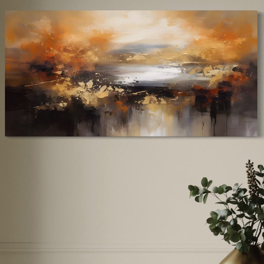 Tablou Canvas Premium LuxCanva® A1607 "Infinit" prezintă un peisaj abstract cosmic vibrant, ideal pentru decorarea dormitorului. Tonurile calde dinamice ies în evidență deasupra unei plante cu frunze verzi, adăugând eleganță oricărui perete neutru.