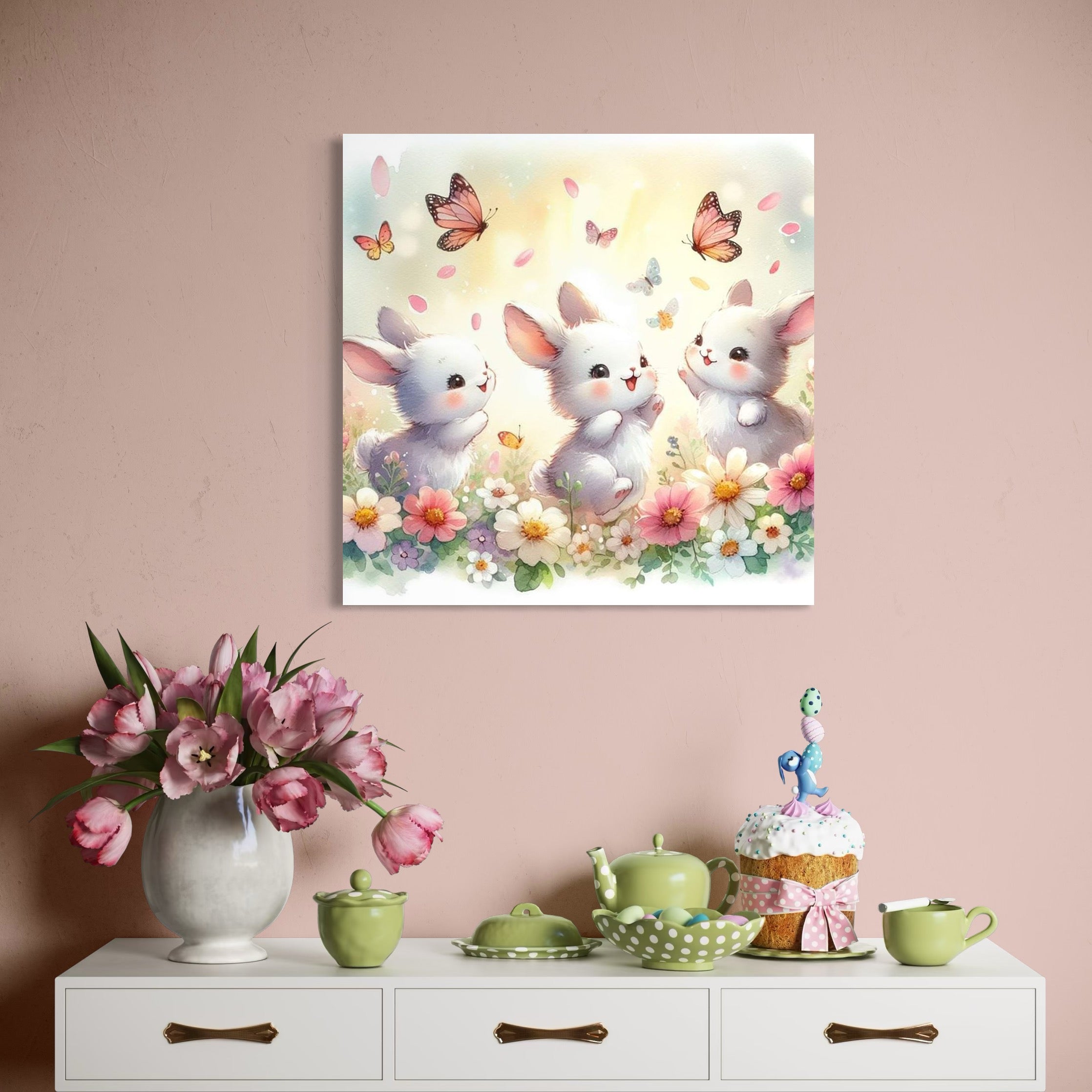 tablou canvas cu trei iepurasi jucandu-se printre flori colorate, pe fundal luminos cu fluturi si petale