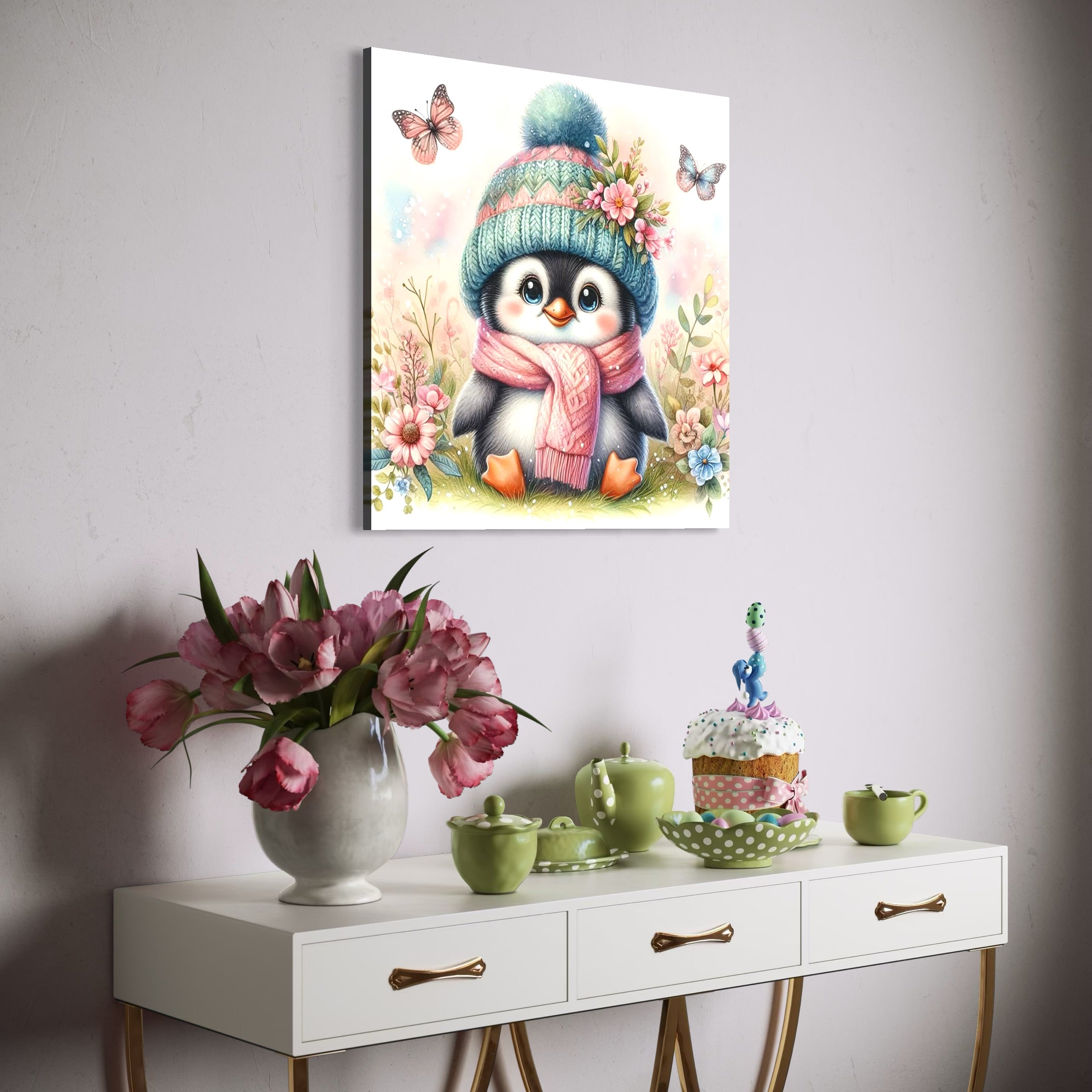 tablou canvas cu un pui de pinguin imbracat in haine de iarna, intr-o gradina cu flori si fluturi