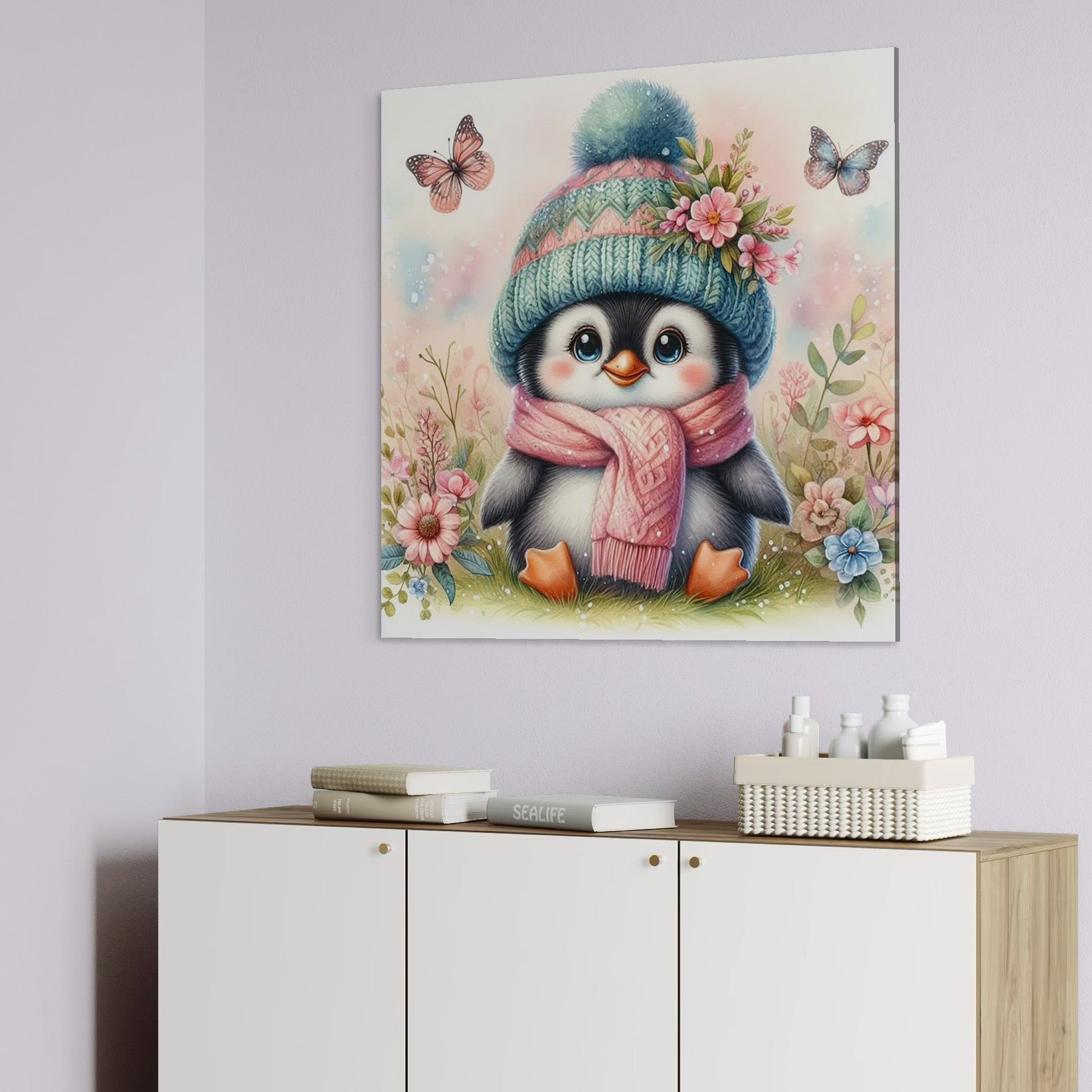 tablou canvas cu un pui de pinguin imbracat in haine de iarna, intr-o gradina cu flori si fluturi