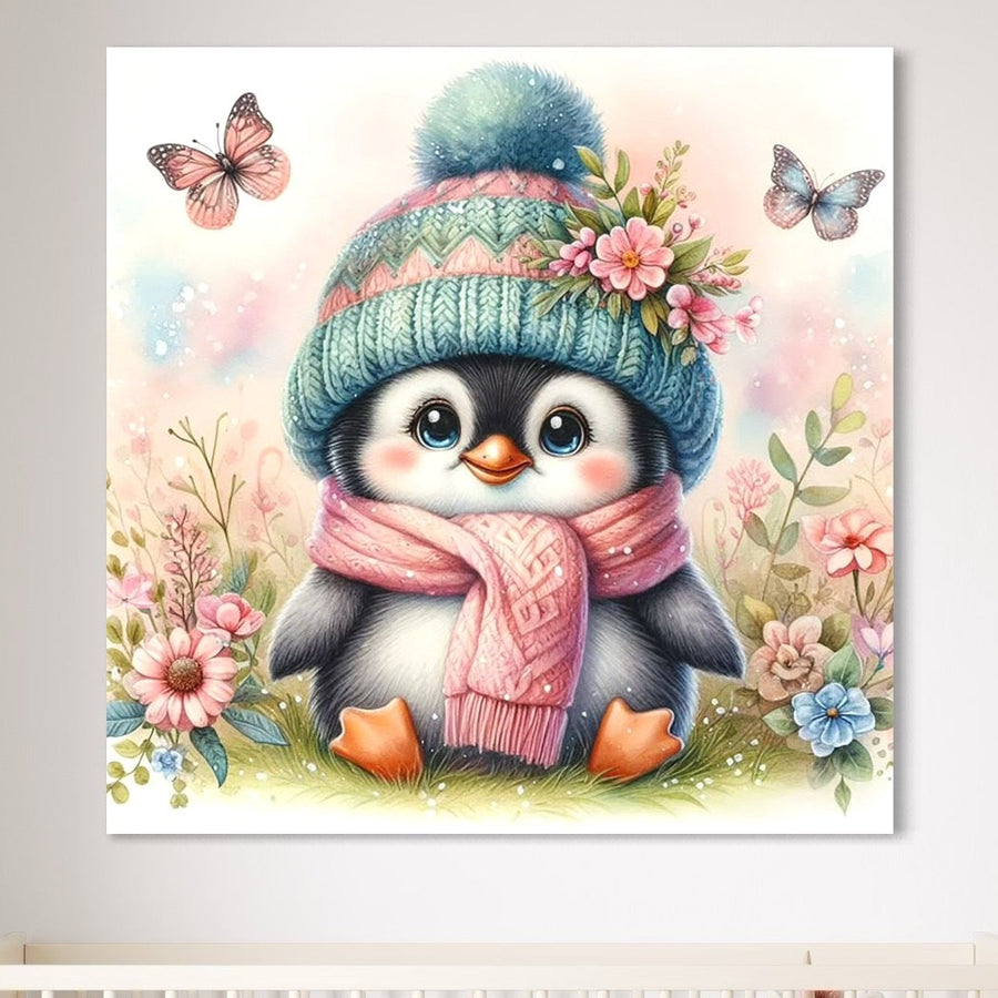 Tablou Canvas Premium LuxCanva® K1064 - "Micutul Prieten al Iernii": pinguin adorabil cu căciulă și fular roz, printre flori și fluturi pe fundal pastelat. Ideal pentru camera copilului sau dormitor. Brand: LuxCanva®.