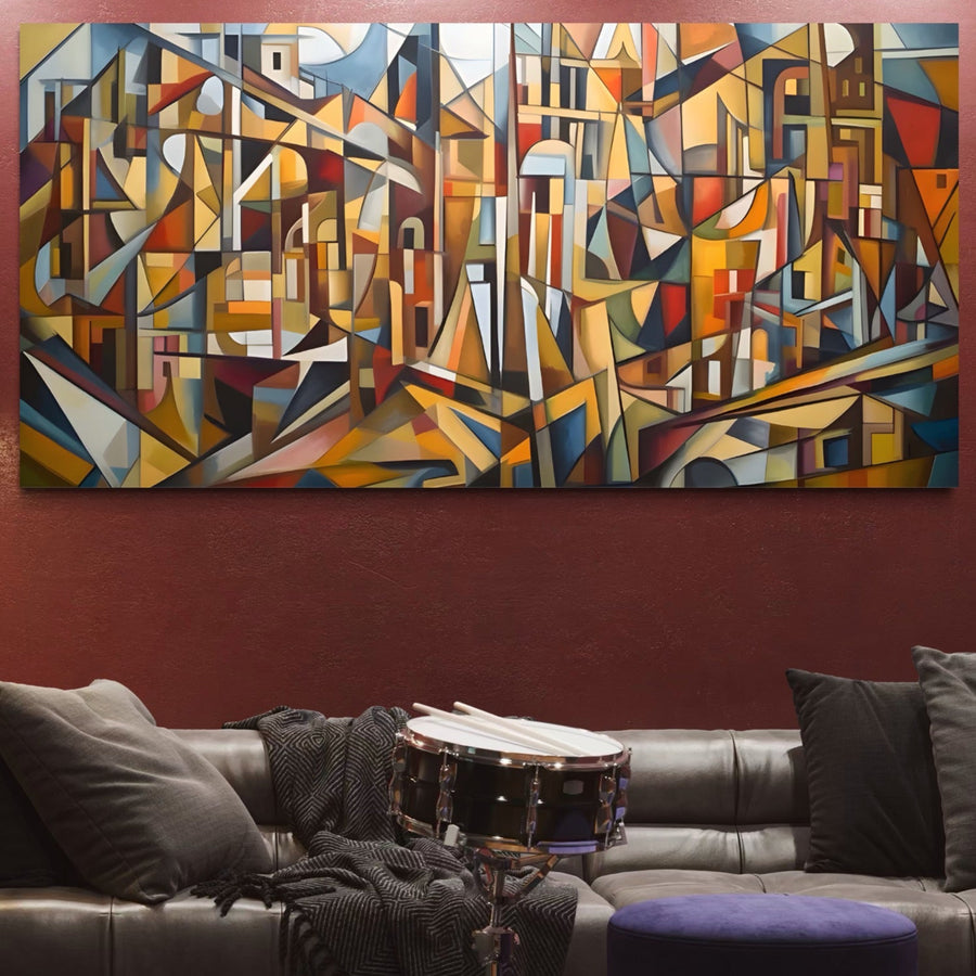 Un living modern cu o canapea gri și perne închise la culoare prezintă Tablou Canvas Premium LuxCanva® A1608 Oras Mozaic - un print geometric abstract și colorat de la LuxCanva® - agățat pe peretele maro de deasupra canapelei.