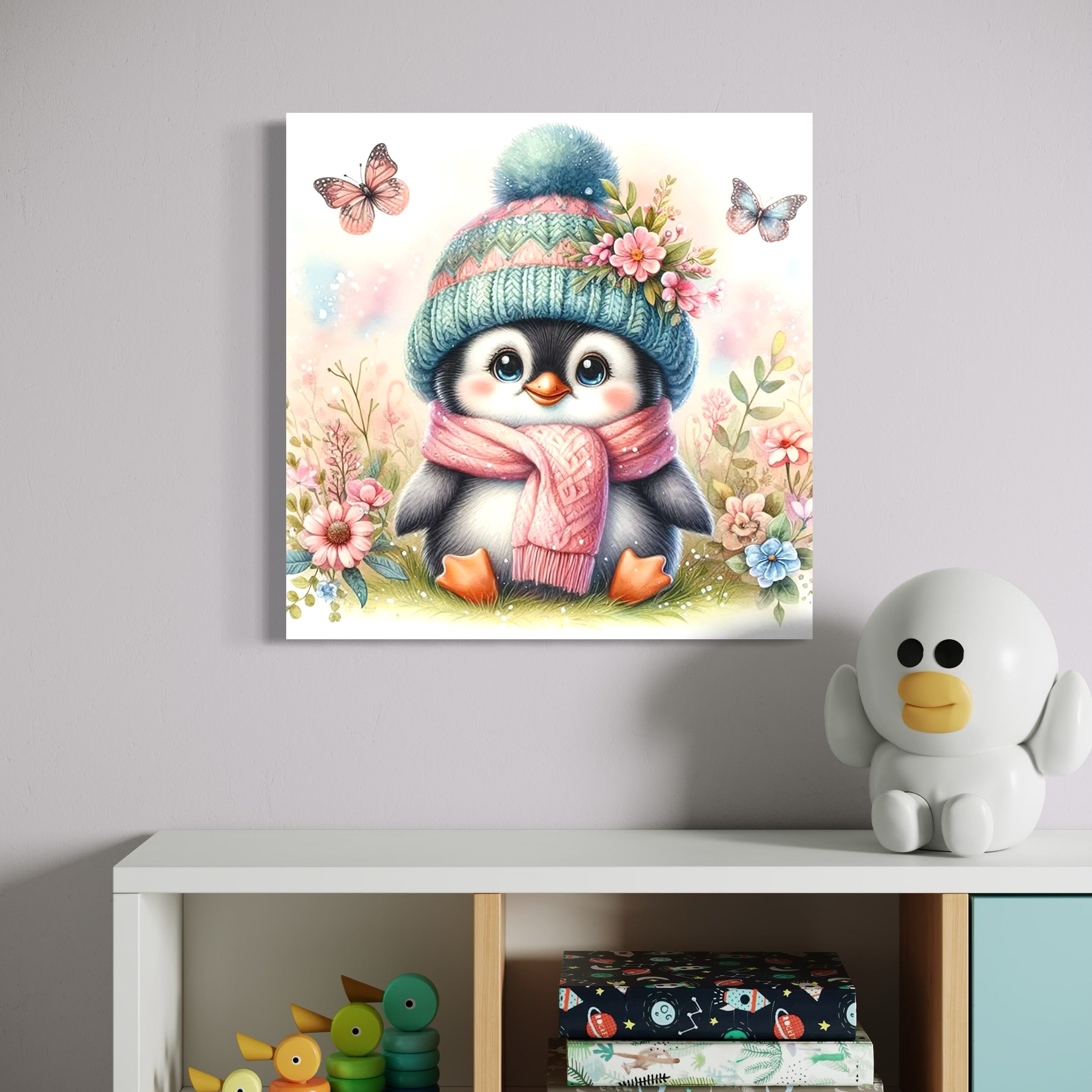 tablou canvas cu un pui de pinguin imbracat in haine de iarna, intr-o gradina cu flori si fluturi