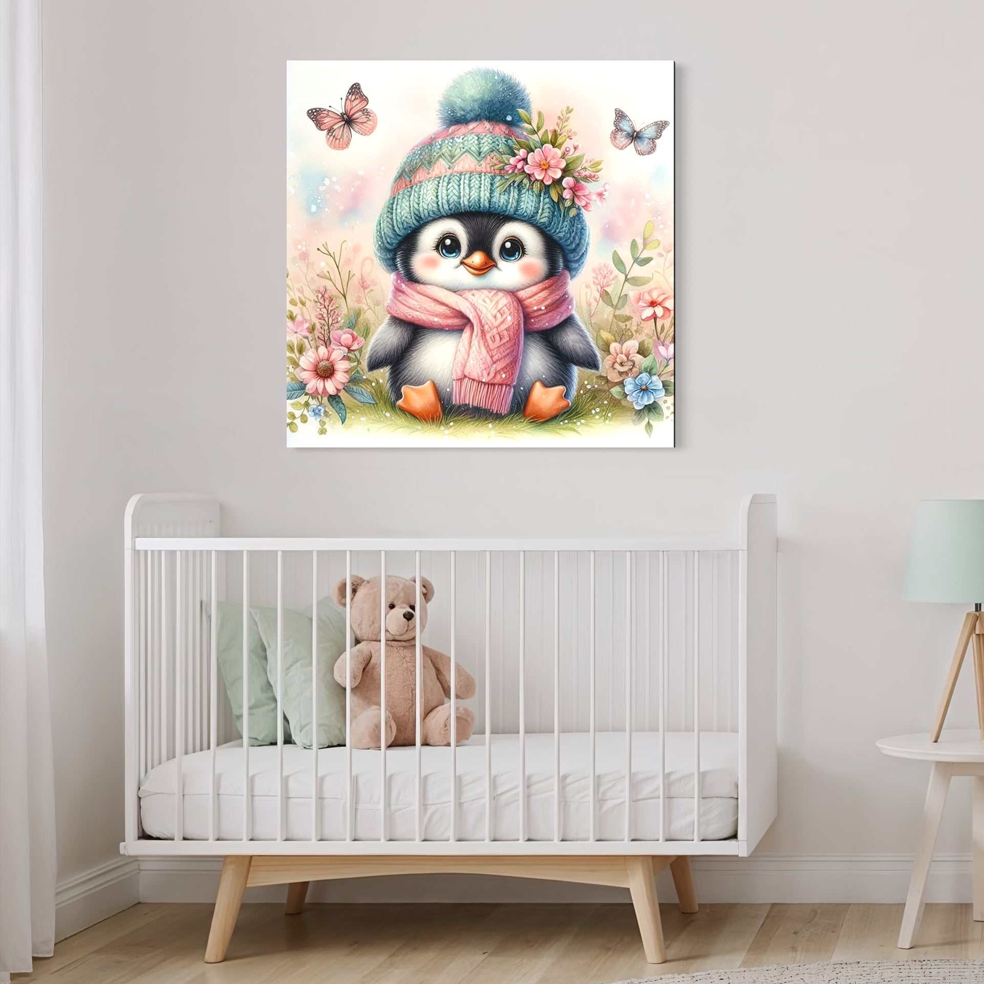 tablou canvas cu un pui de pinguin imbracat in haine de iarna, intr-o gradina cu flori si fluturi