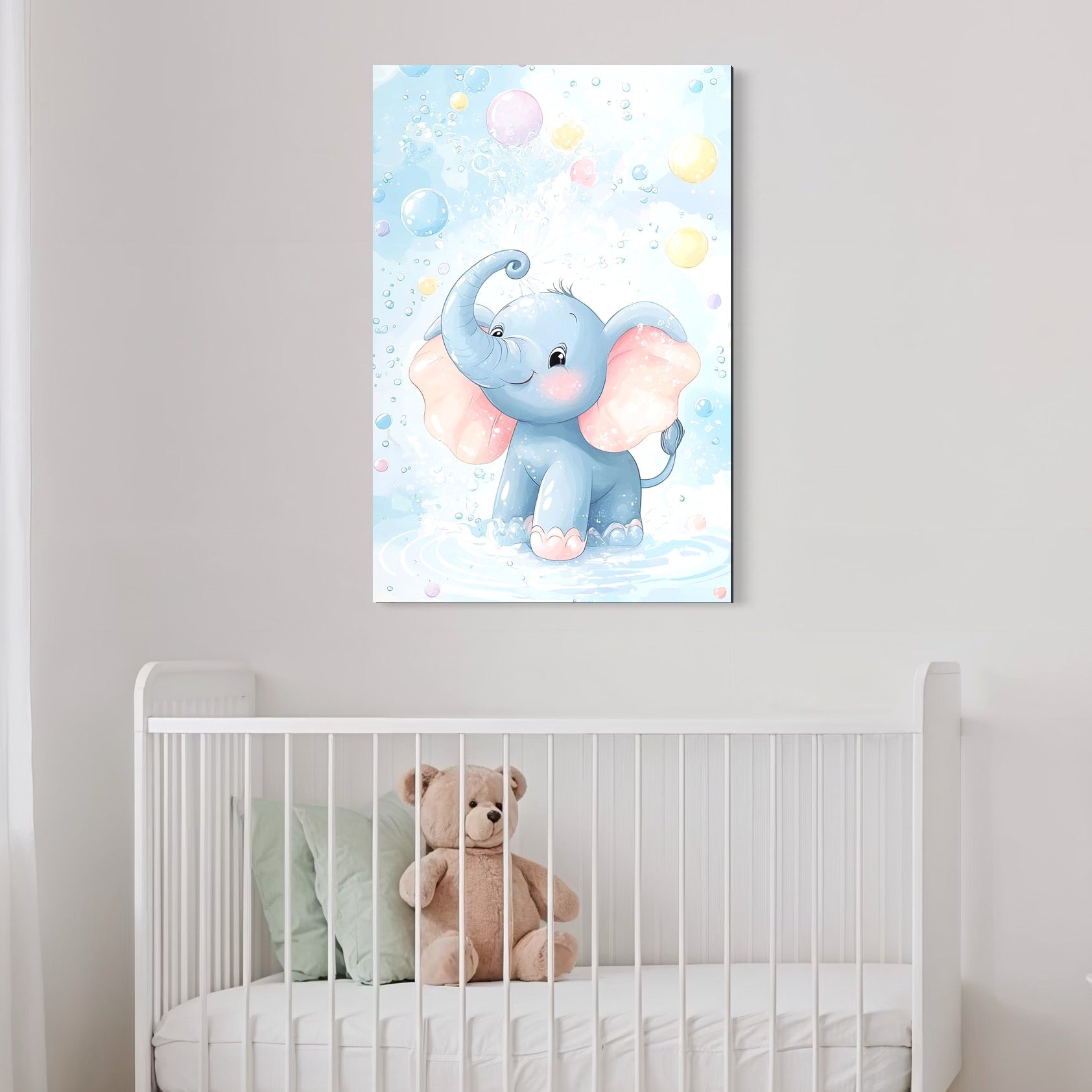 tablou canvas cu un elefantel jucaus pe apa, pe un fundal luminat cu balonase de sapun colorate