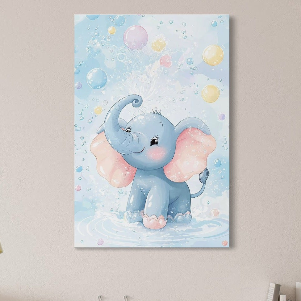 tablou canvas cu un elefantel jucaus pe apa, pe un fundal luminat cu balonase de sapun colorate