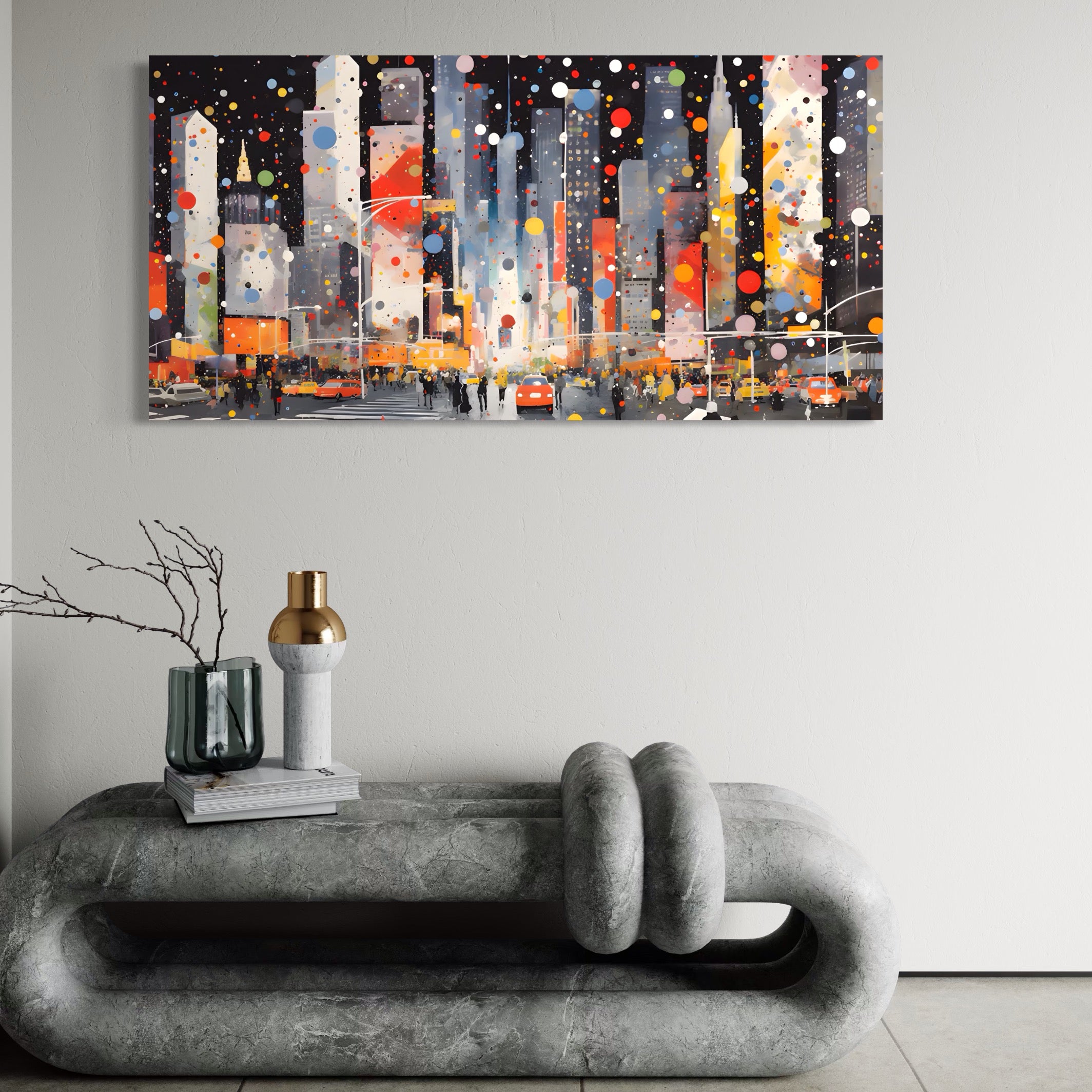 Tablou Canvas Premium LuxCanva® A1613, Un Oras Abstract , Living, Oameni, Lumini, Cladiri, Decorativ, Dormitor, Culori Vibrante