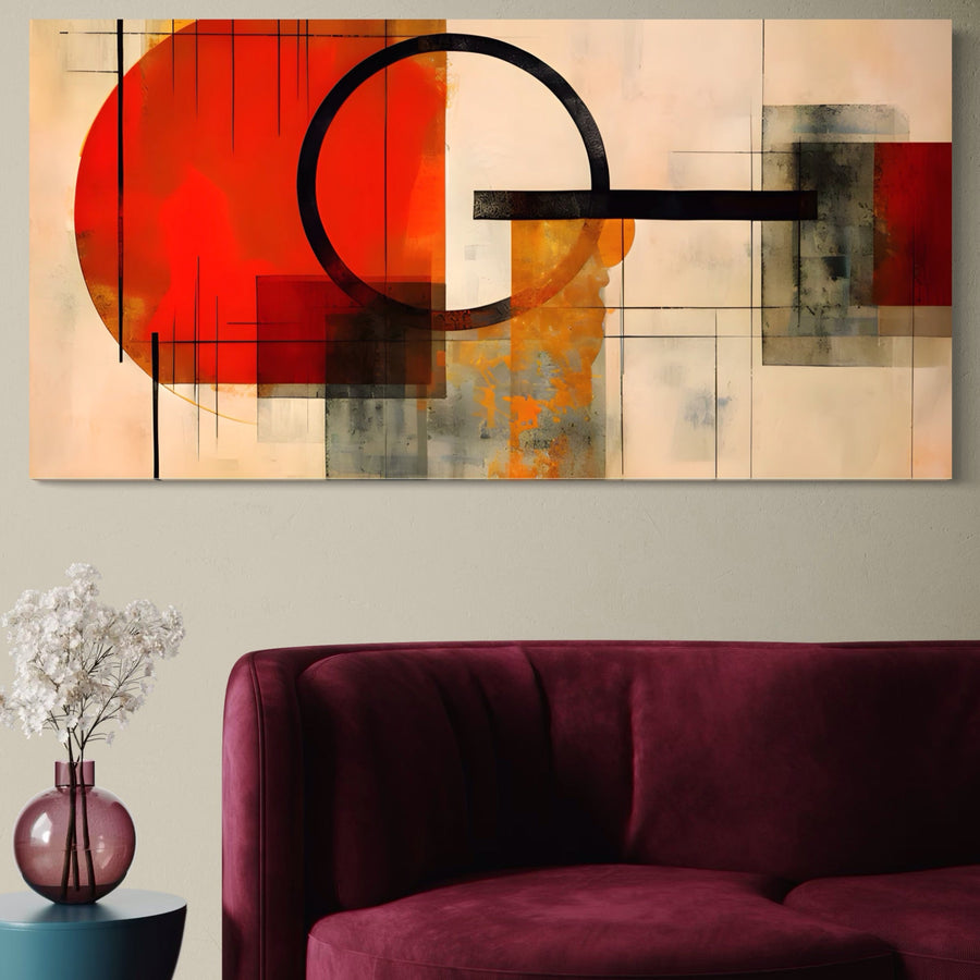 Un living modern cu o canapea din catifea maro, o măsuță cu flori albe și Tablou Canvas Premium LuxCanva® A1614 cu design abstract și culori vibrante pe peretele deschis la culoare.