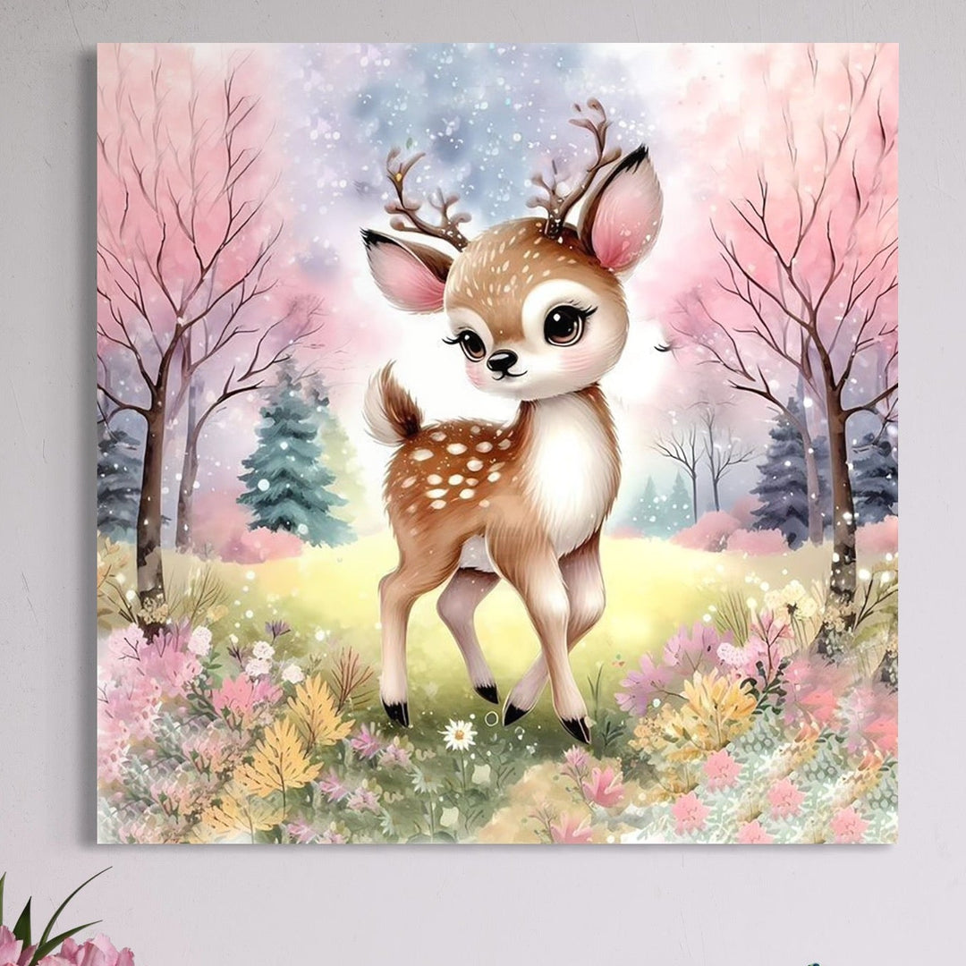 tablou canvas cu un pui de caprioara, intr-o padure cu flori si copaci redati in nuante pastelate