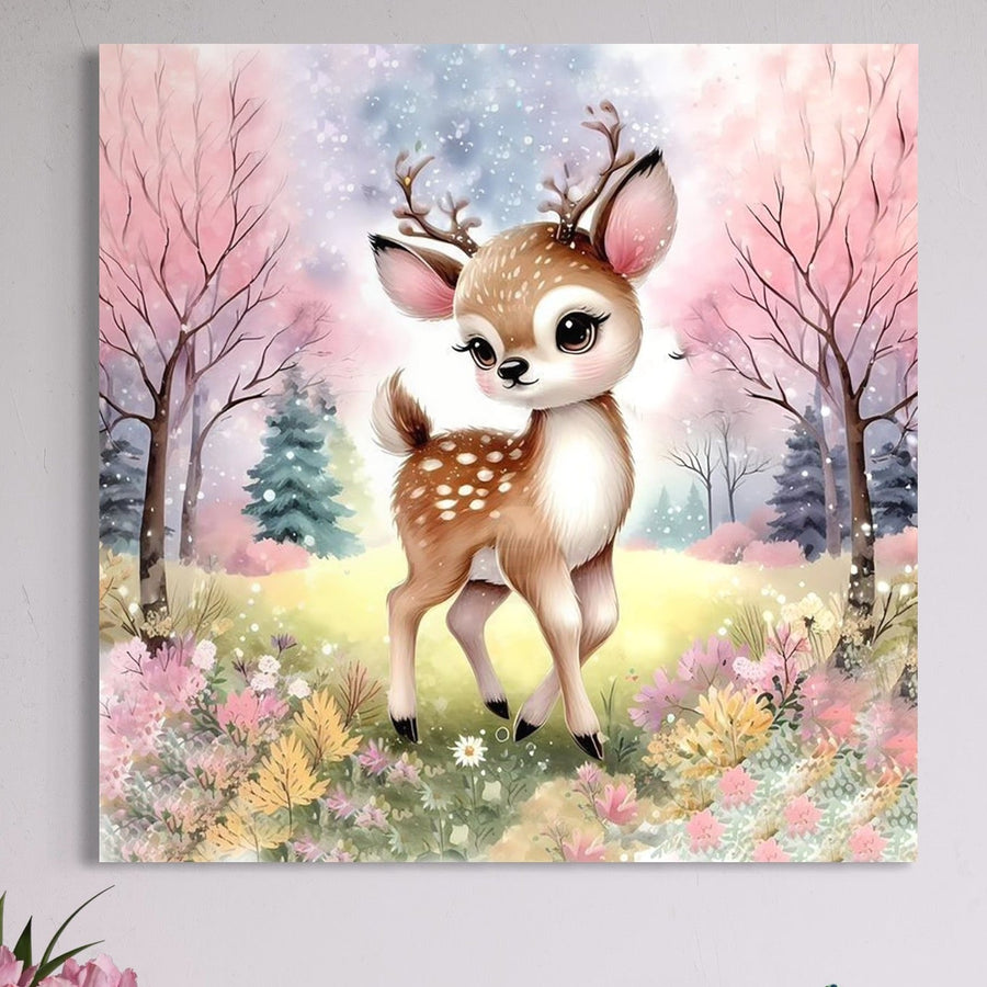 Adaugă o notă magică camerei copilului tău cu Tablou Canvas Premium LuxCanva® K1068 - Fabula Copilariei: o scenă pastel fermecătoare cu o căprioară adorabilă, flori și pădure de primăvară, perfectă pentru orice cameră de copil sau dormitor.