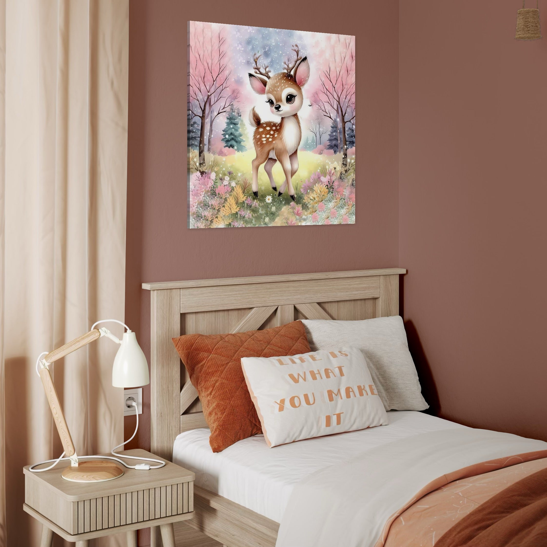 tablou canvas cu un pui de caprioara, intr-o padure cu flori si copaci redati in nuante pastelate