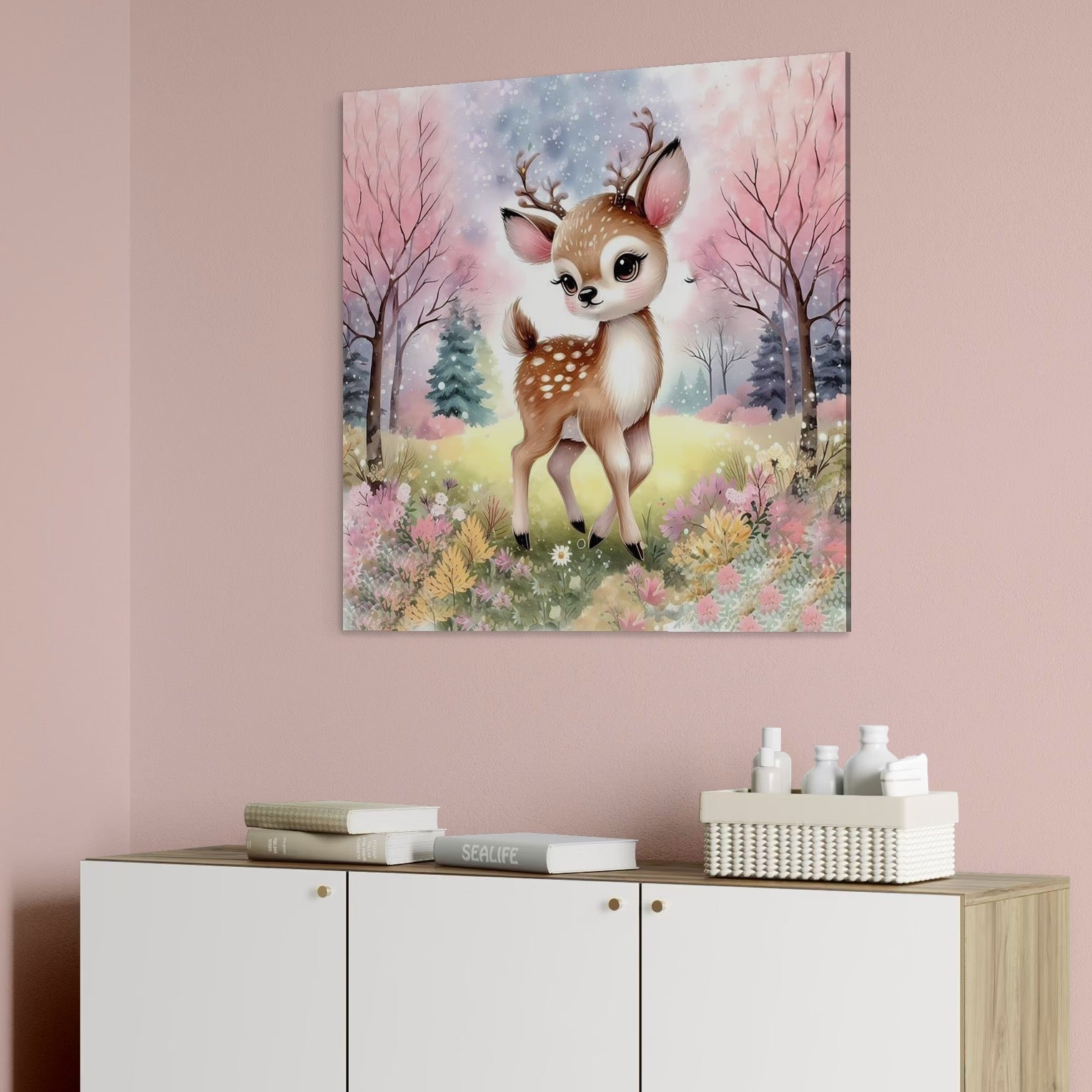 tablou canvas cu un pui de caprioara, intr-o padure cu flori si copaci redati in nuante pastelate