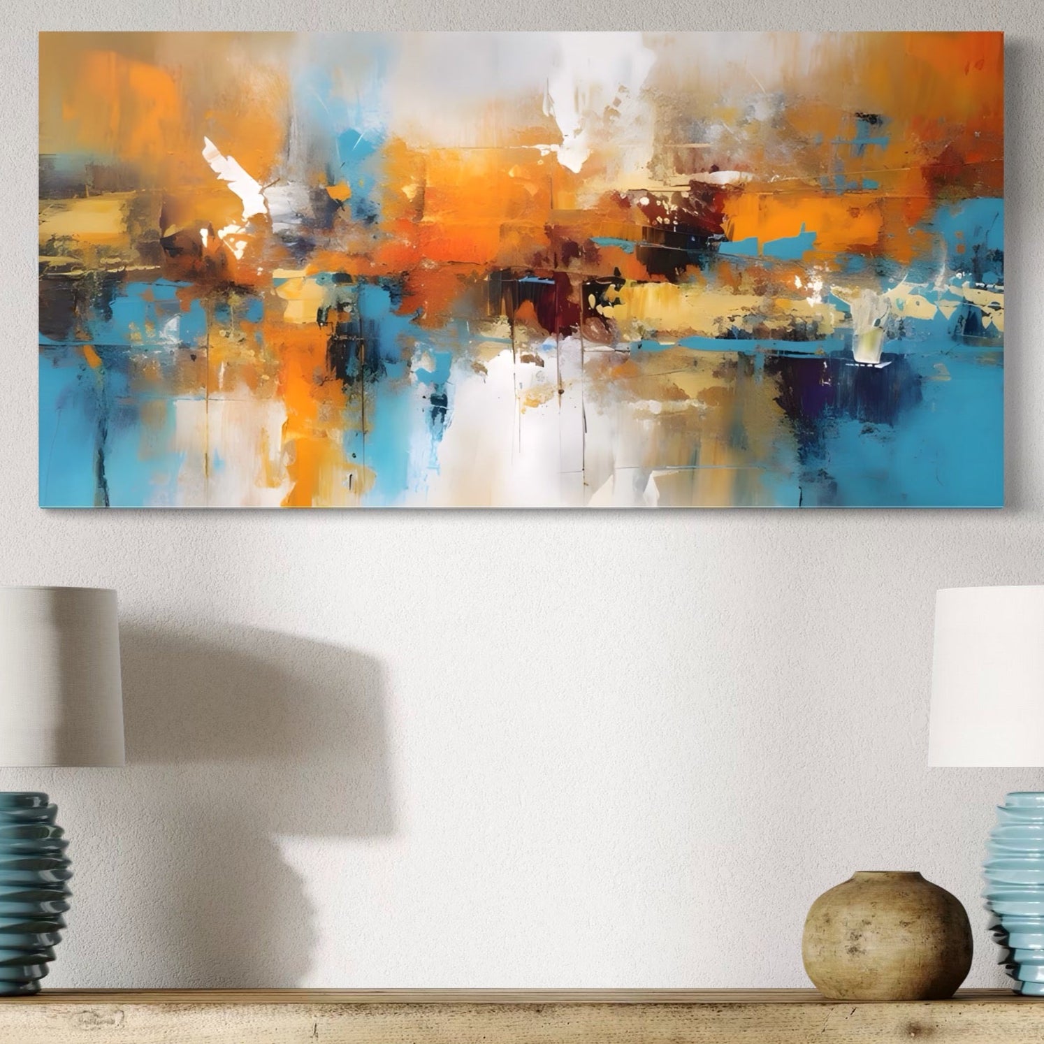 Tablou Canvas Premium LuxCanva® A1616, Soapta Culorilor ,  Cafenea, Abstract, Portocaliu, Albastru, Decorativ, Dormitor, Culori Vibrante