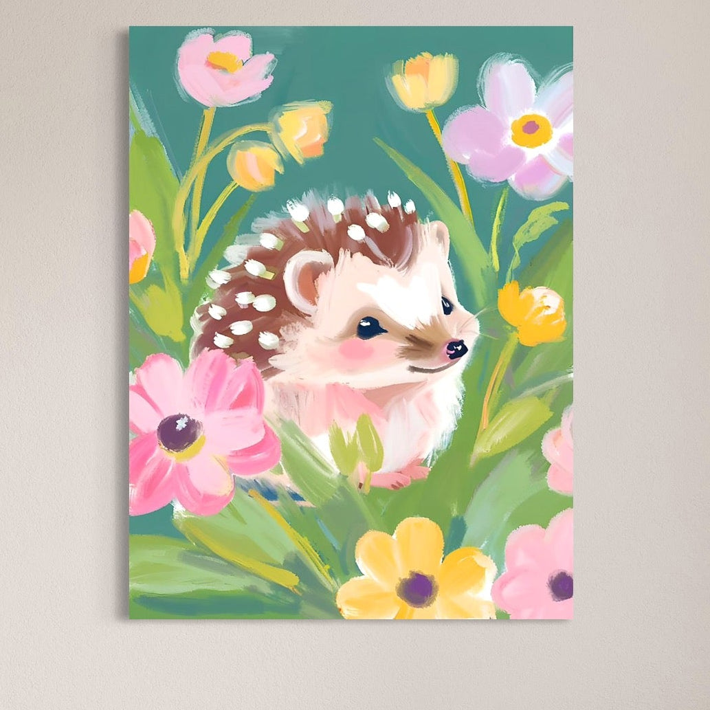 tablou canvas cu un pui de arici in iarba, inconjurat de flori multicolore