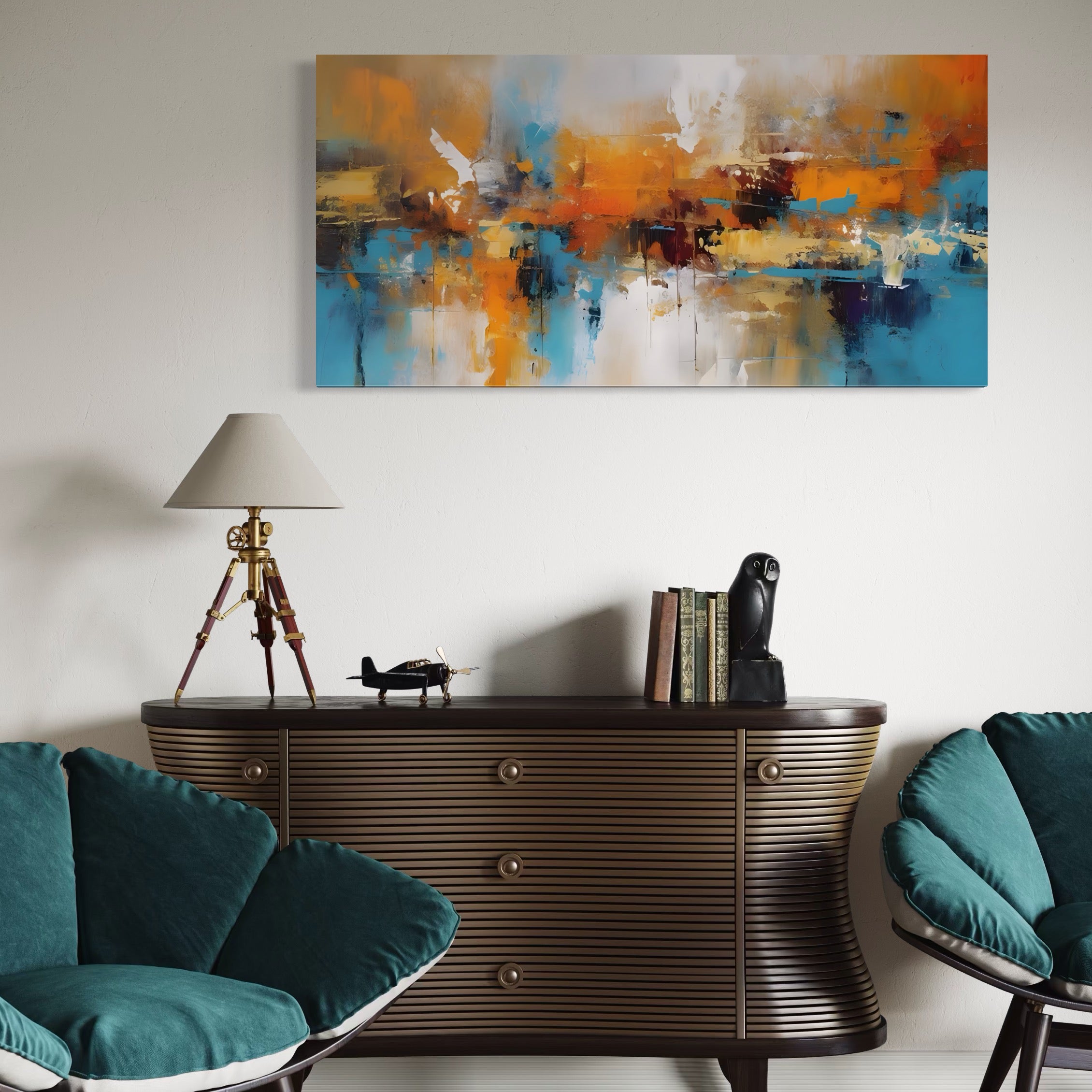 Tablou Canvas Premium LuxCanva® A1616, Soapta Culorilor ,  Cafenea, Abstract, Portocaliu, Albastru, Decorativ, Dormitor, Culori Vibrante