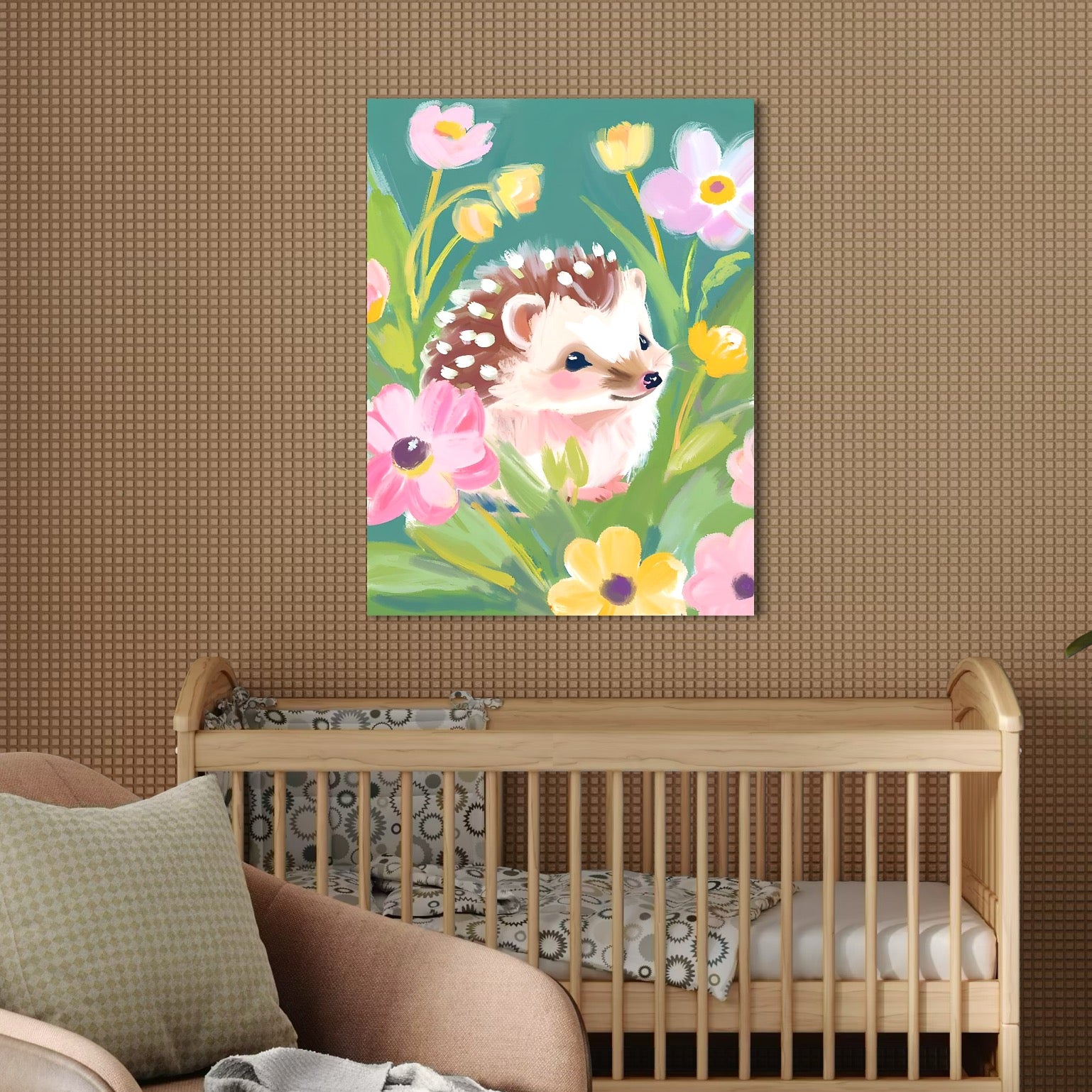 tablou canvas cu un pui de arici in iarba, inconjurat de flori multicolore