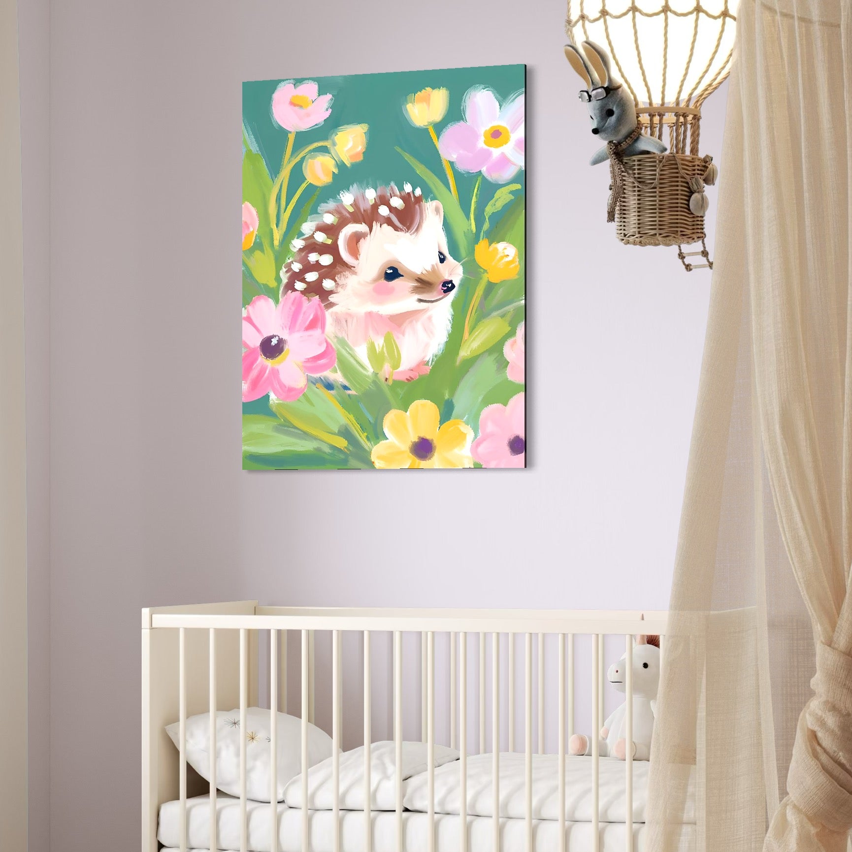 tablou canvas cu un pui de arici in iarba, inconjurat de flori multicolore