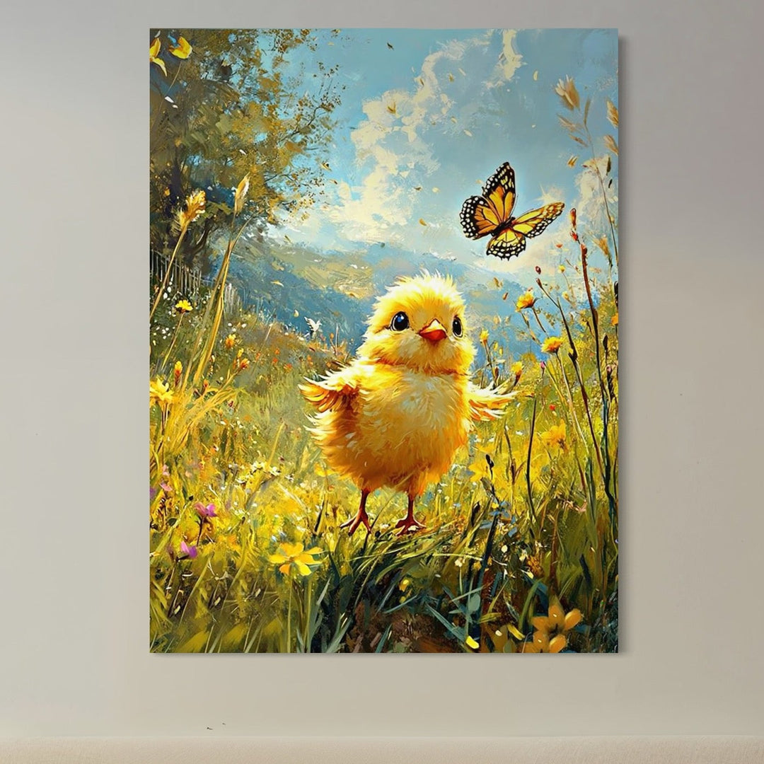 tablou canvas cu un pui galben alergand un fluture printr-o campie cu flori