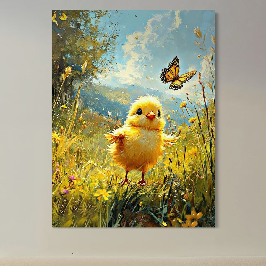 Un pui galben vesel într-o pajiște de flori sălbatice urmărește un fluture sub un cer luminos-Tablou Canvas Premium LuxCanva® K1070 "Campia Micilor Minuni", perfect pentru camera foto sau dormitor, de la LuxCanva® - Magazin tablouri canvas si tablouri personalizate.