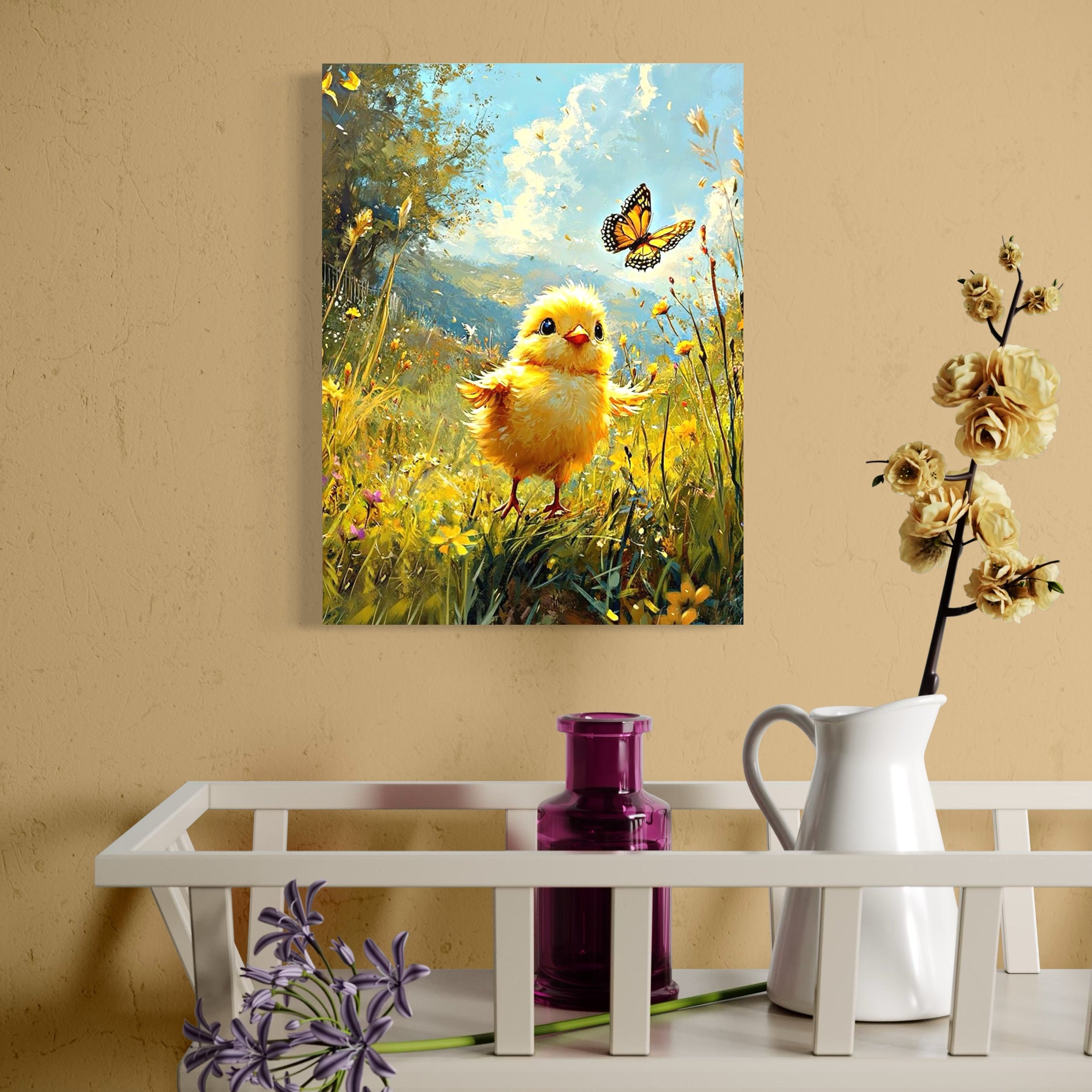 tablou canvas cu un pui galben alergand un fluture printr-o campie cu flori