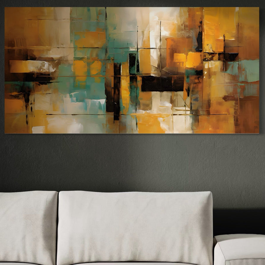 Tablou Canvas Premium LuxCanva® A1618 prezintă o ilustrație abstractă cu linii și tușe portocalii vibrante, creând un accent decorativ deasupra unei canapele deschise. Ideală pentru dormitoare, această imprimare premium adaugă culoare oricărui perete închis la culoare.