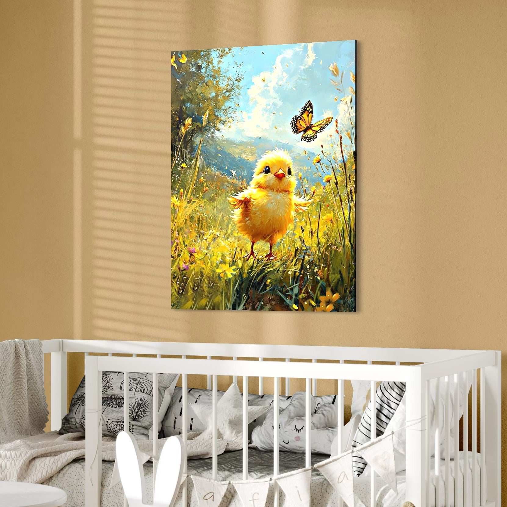 tablou canvas cu un pui galben alergand un fluture printr-o campie cu flori