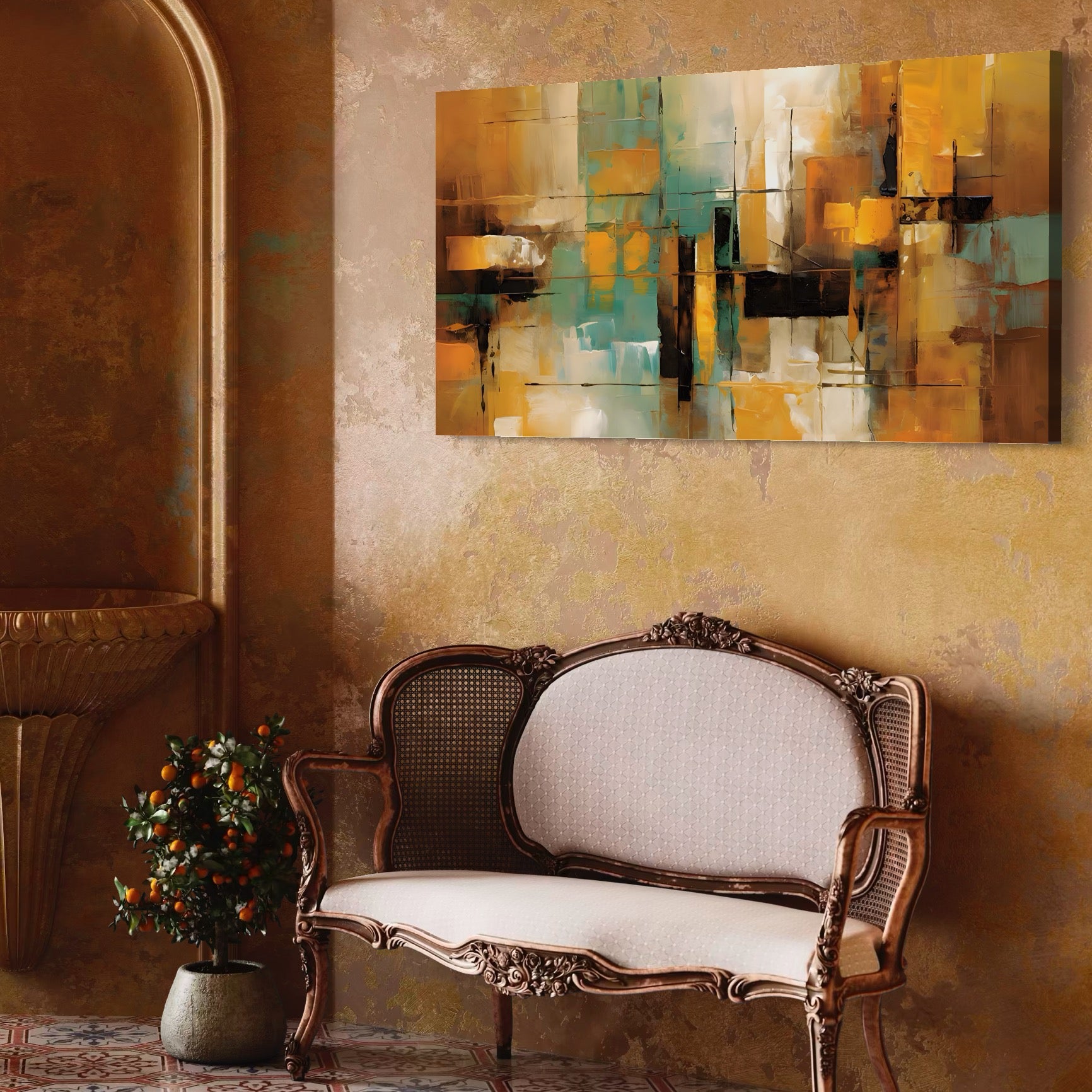 Tablou Canvas Premium LuxCanva® A1618, Ilustrare Abstracta , Room, Portocaliu, Linii, Pensulat, Decorativ, Dormitor, Culori Vibrante